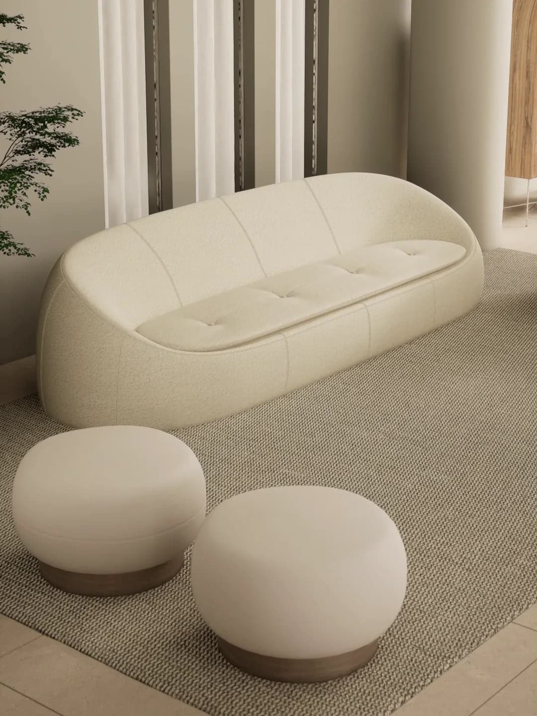 Niso Furniture, 3D render of the boucle sofa and pair of ottomans from the collection