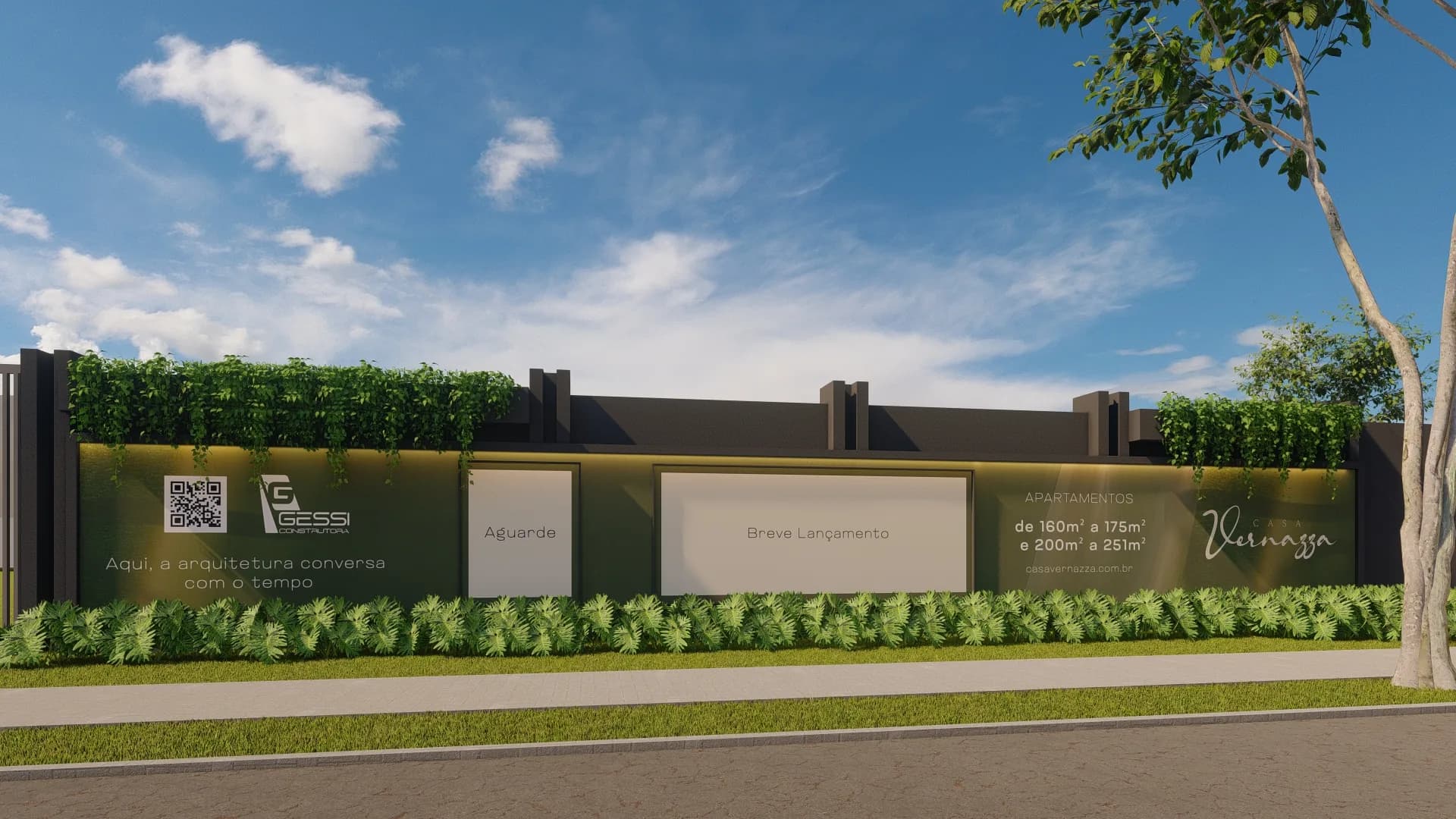 Casa Vernazza, projeto do tapume com painéis da marca e jardim vertical