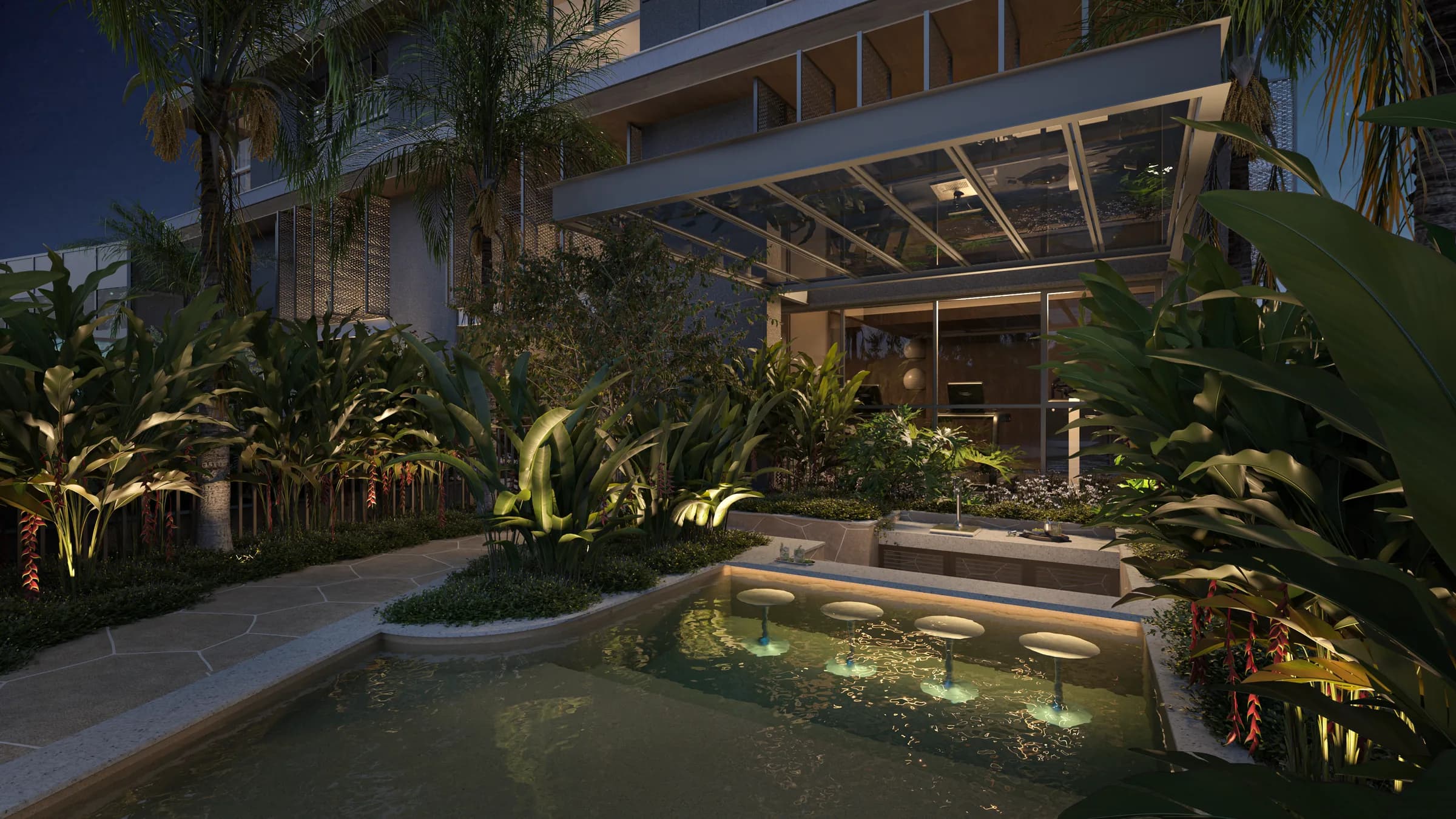 Amaran, Renderização 3D do deck molhado da piscina