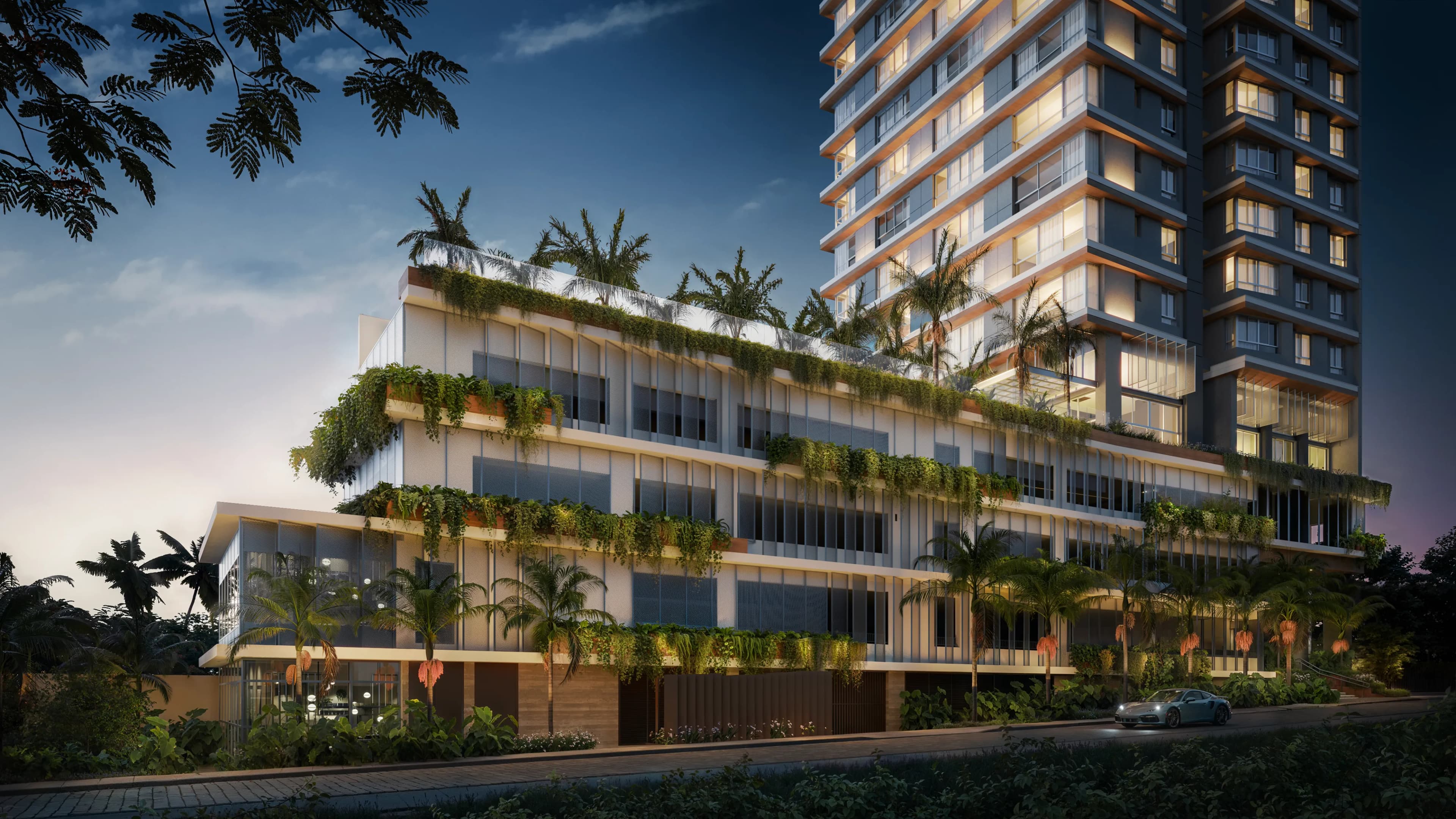 Amaran, Renderização 3D da fachada do edifício à noite