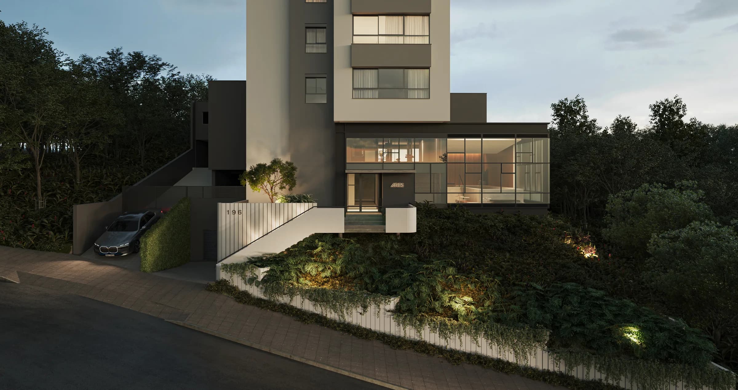 Ares, Renderização 3D da fachada do edifício em ângulo lateral