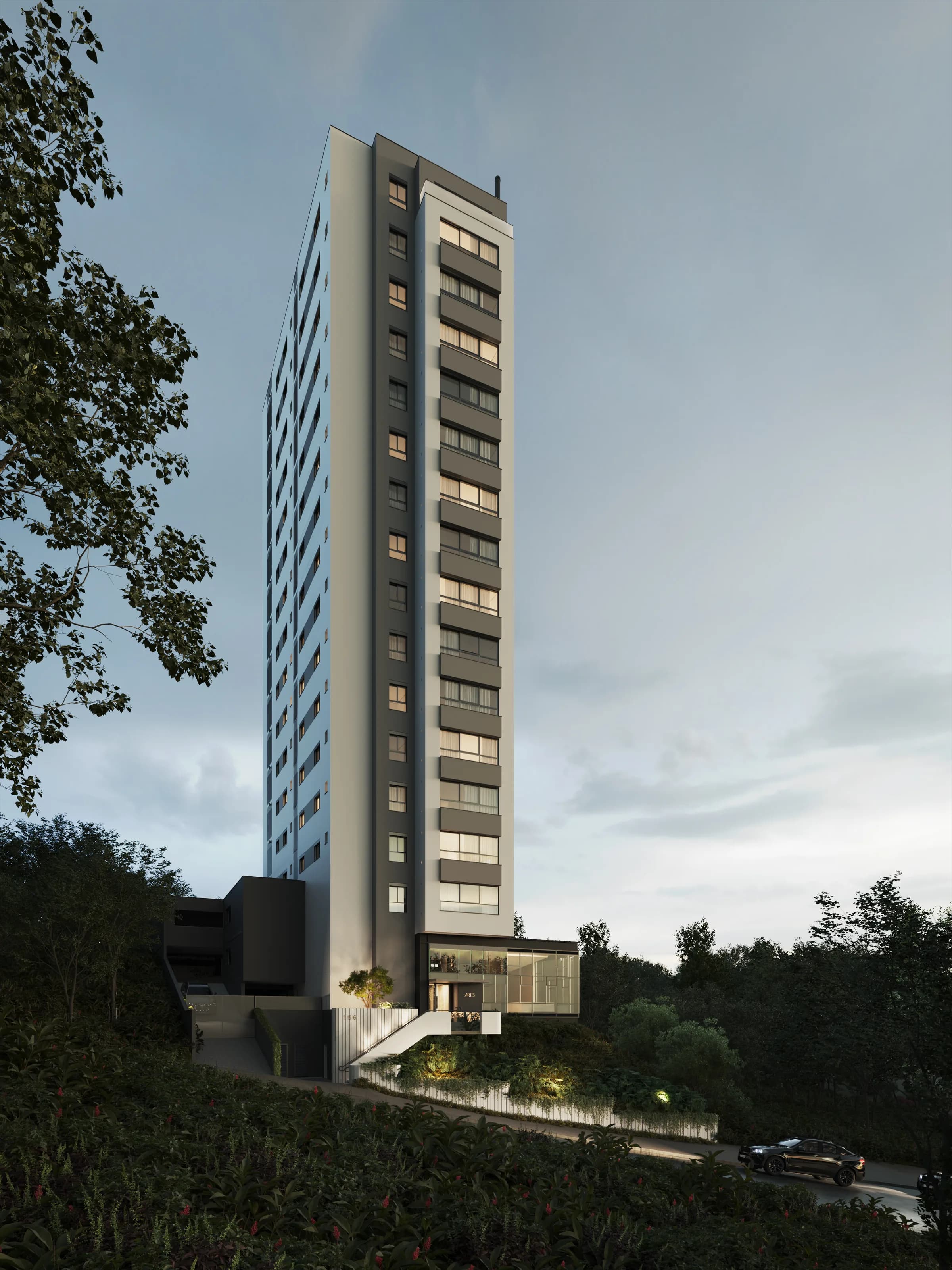 Ares, Renderização 3D da fachada do edifício ao anoitecer