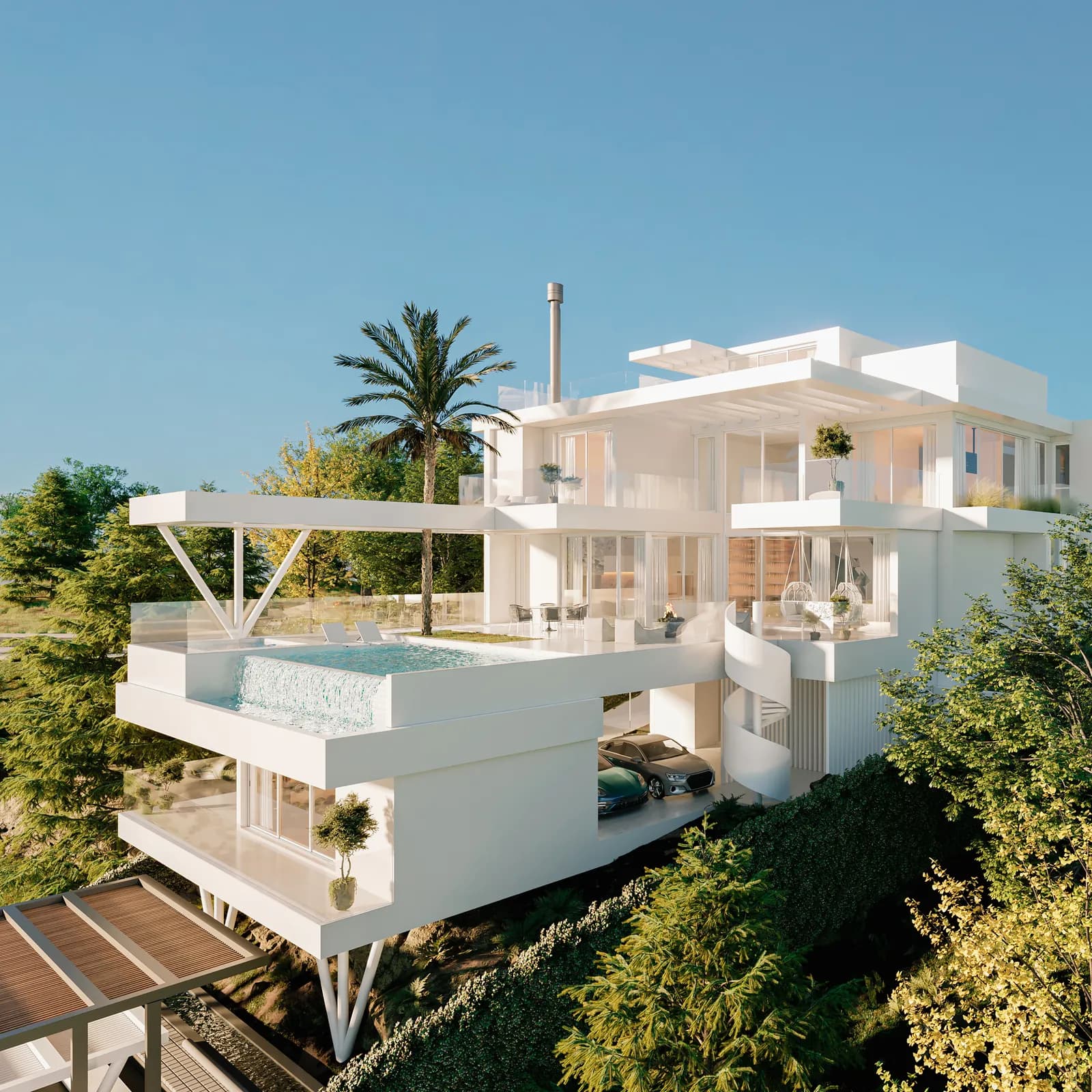 Hillside House, cantilevered white volumes with an infinity pool