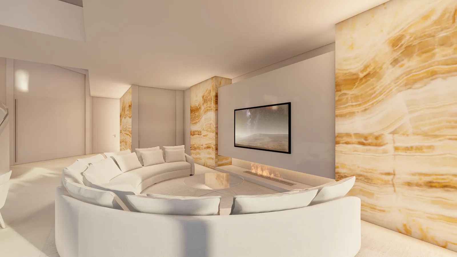 Hillside House, living room with backlit onyx wall