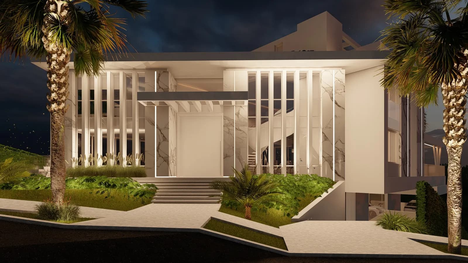 Hillside House, entrance facade lit at night