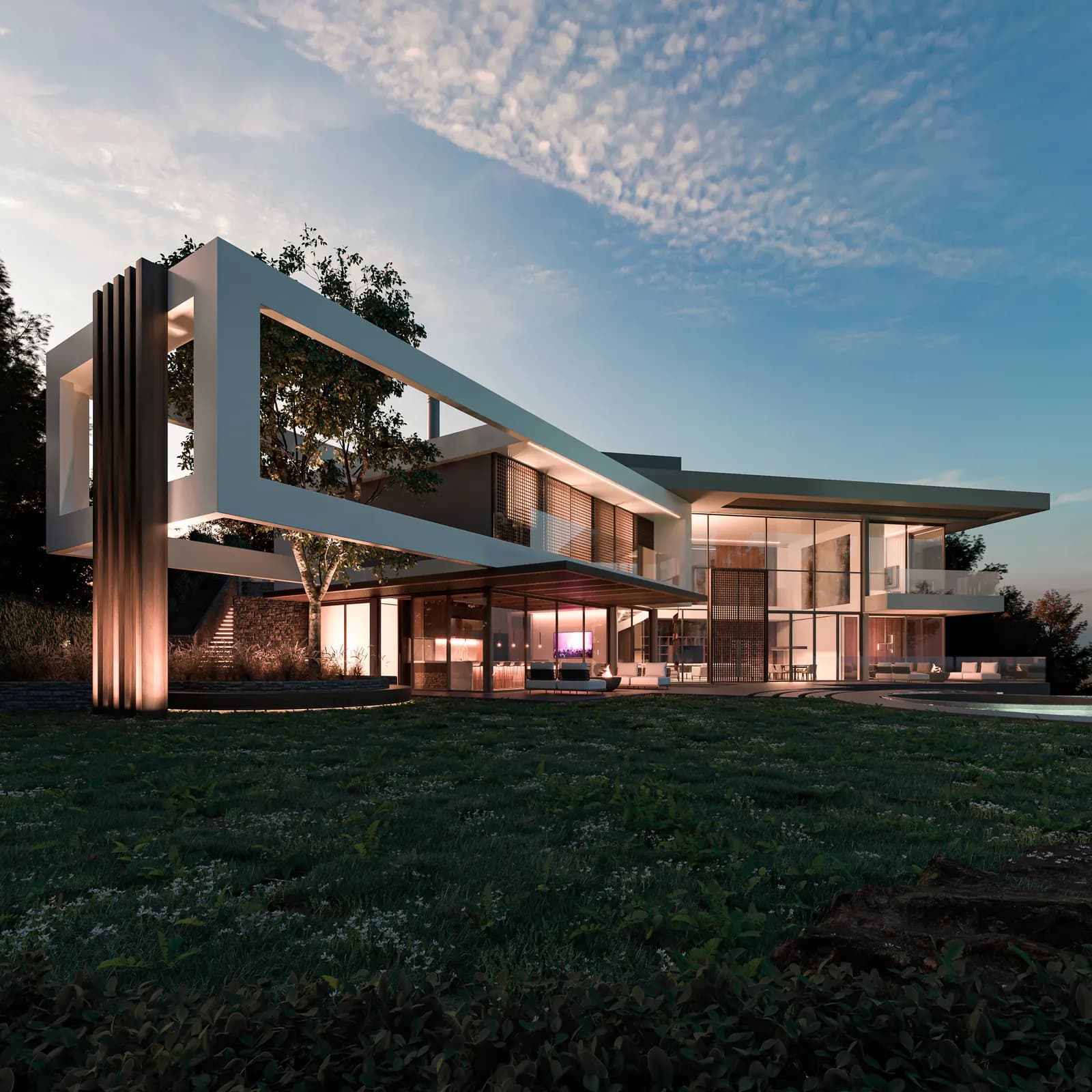 Portal House, Arquitetare: facade at dusk with the living room lit, rendered in 3ds Max + Corona