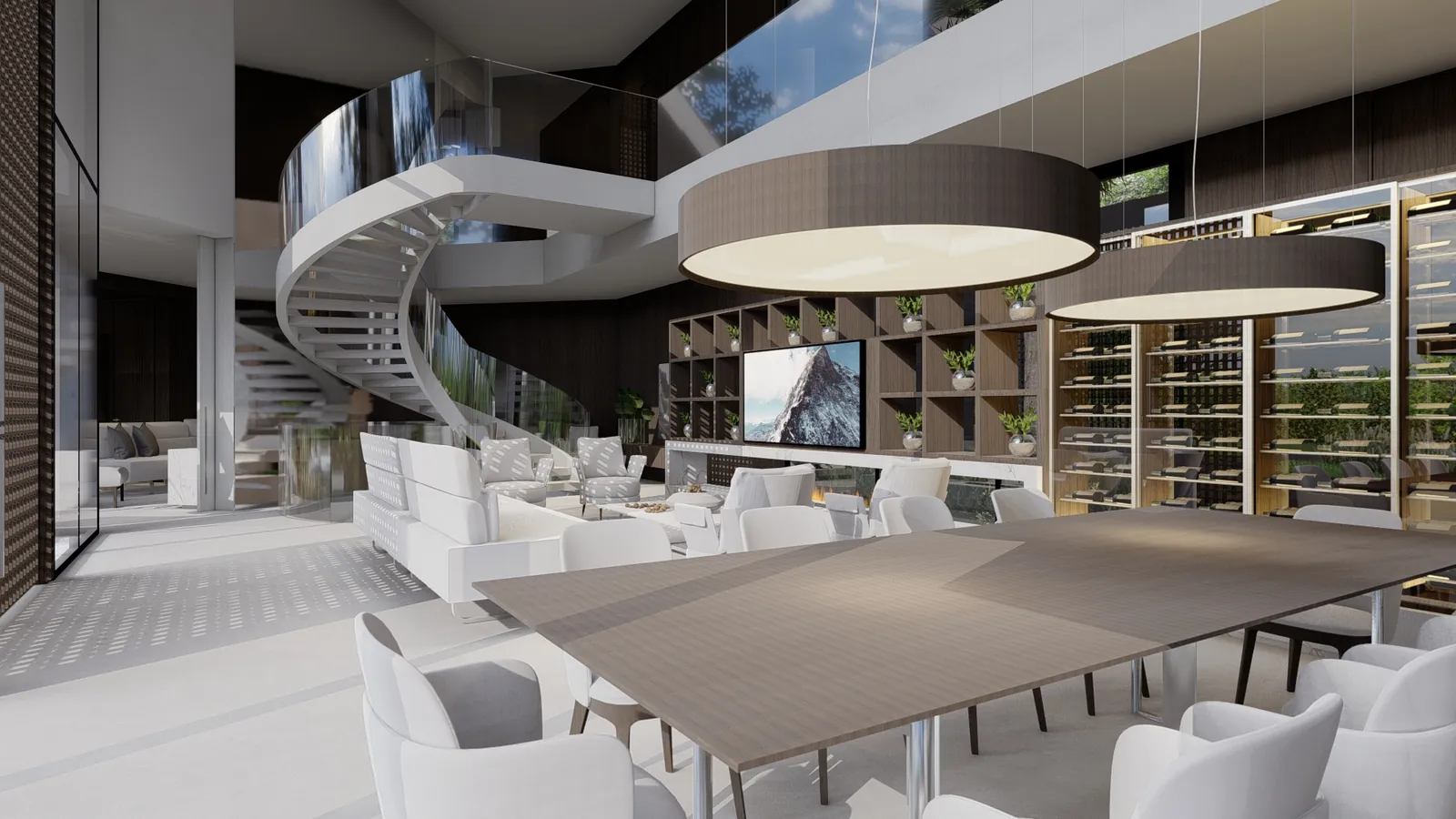 Portal House, double-height living and dining with a spiral stair
