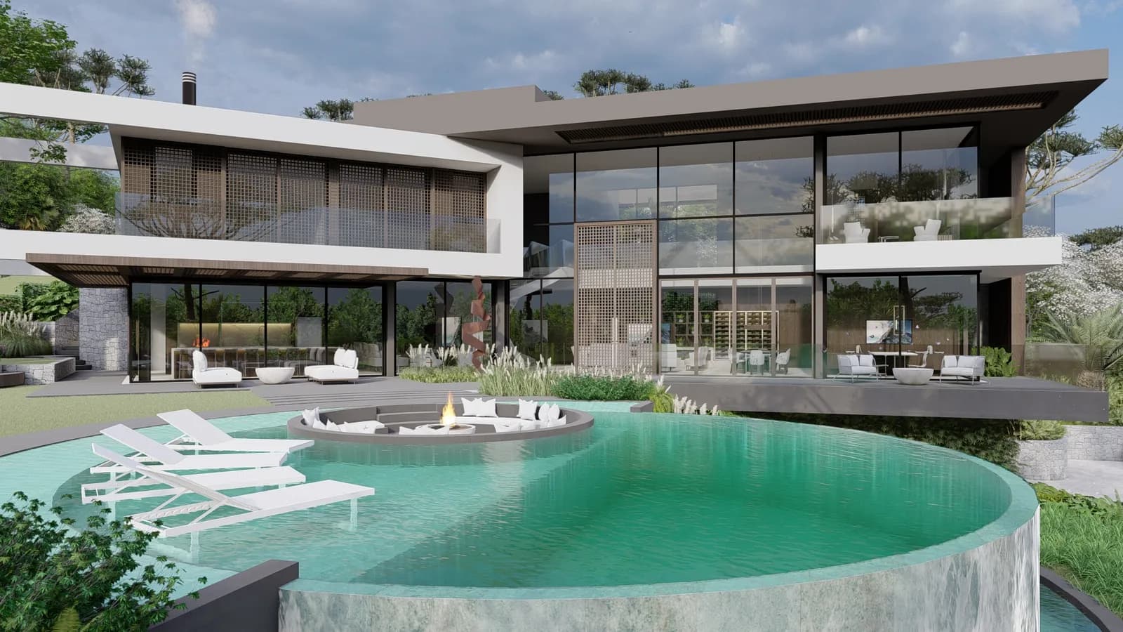 Portal House, circular infinity pool in front of the facade