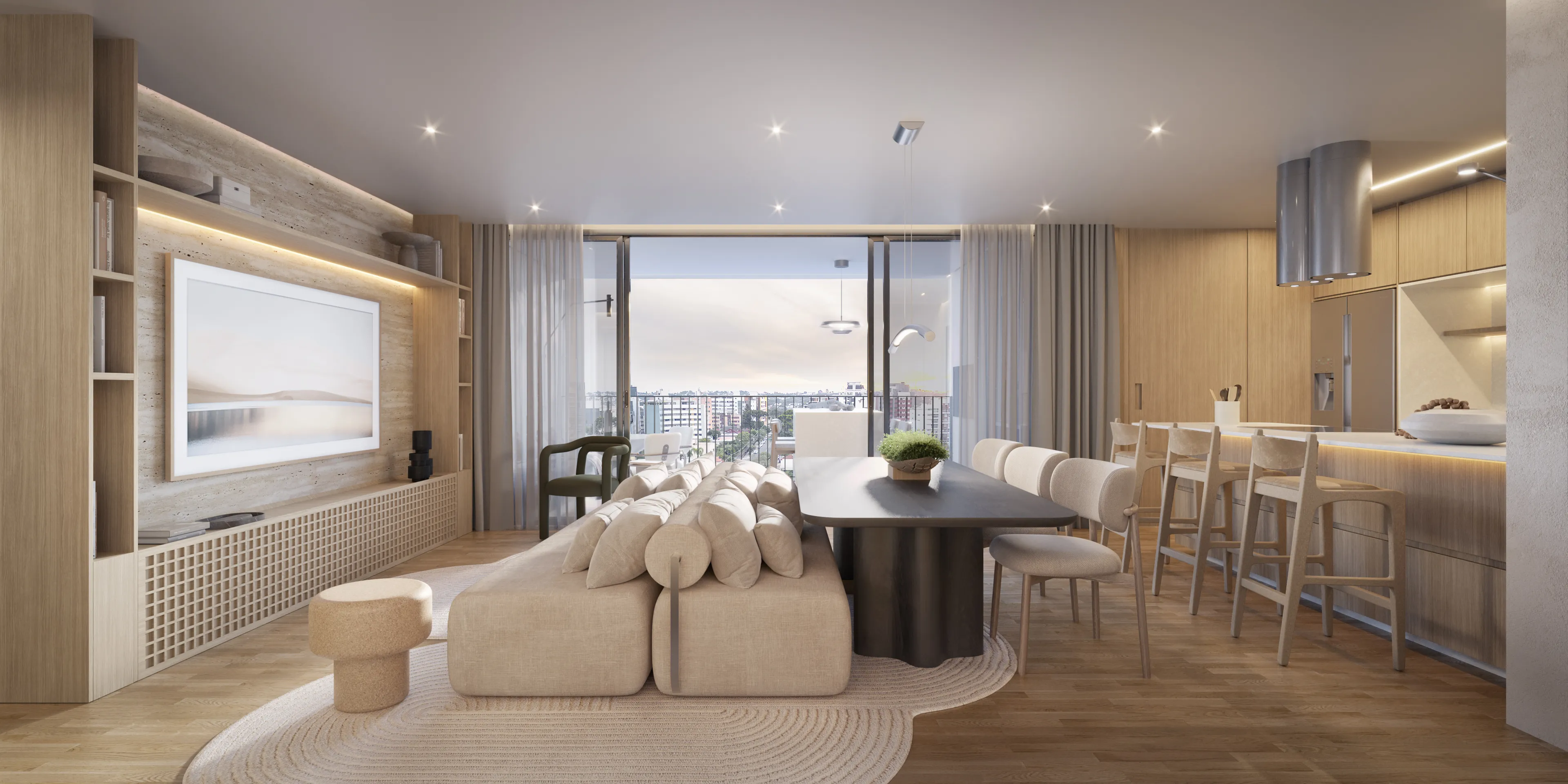 AUMA — Renderização 3D do living decorado