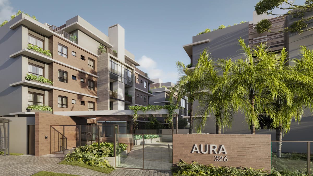 Aura, render 3D do acesso com totem e palmeiras no Ahú, em Curitiba