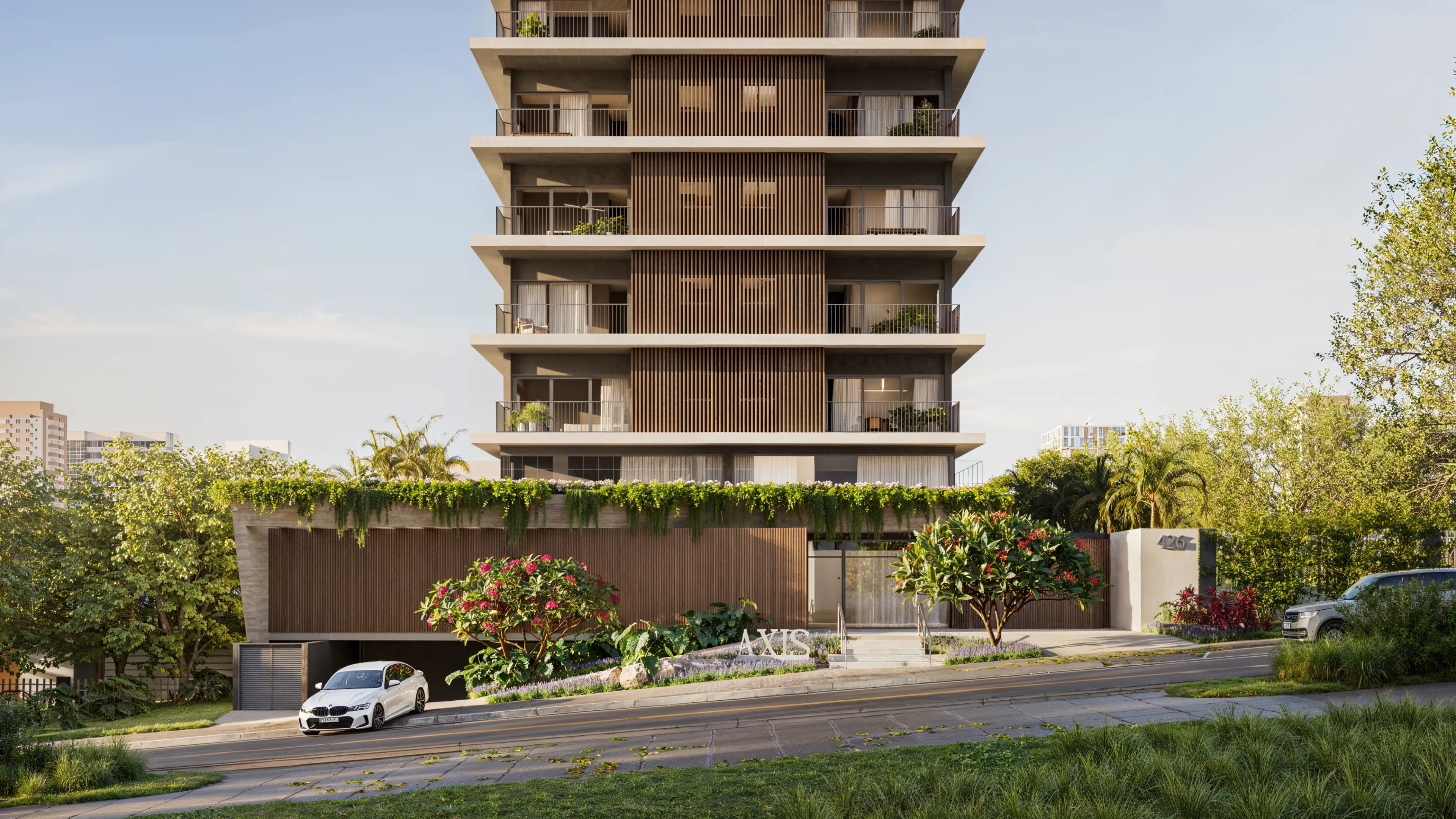 Axis — Renderização 3D do hall de entrada do empreendimento