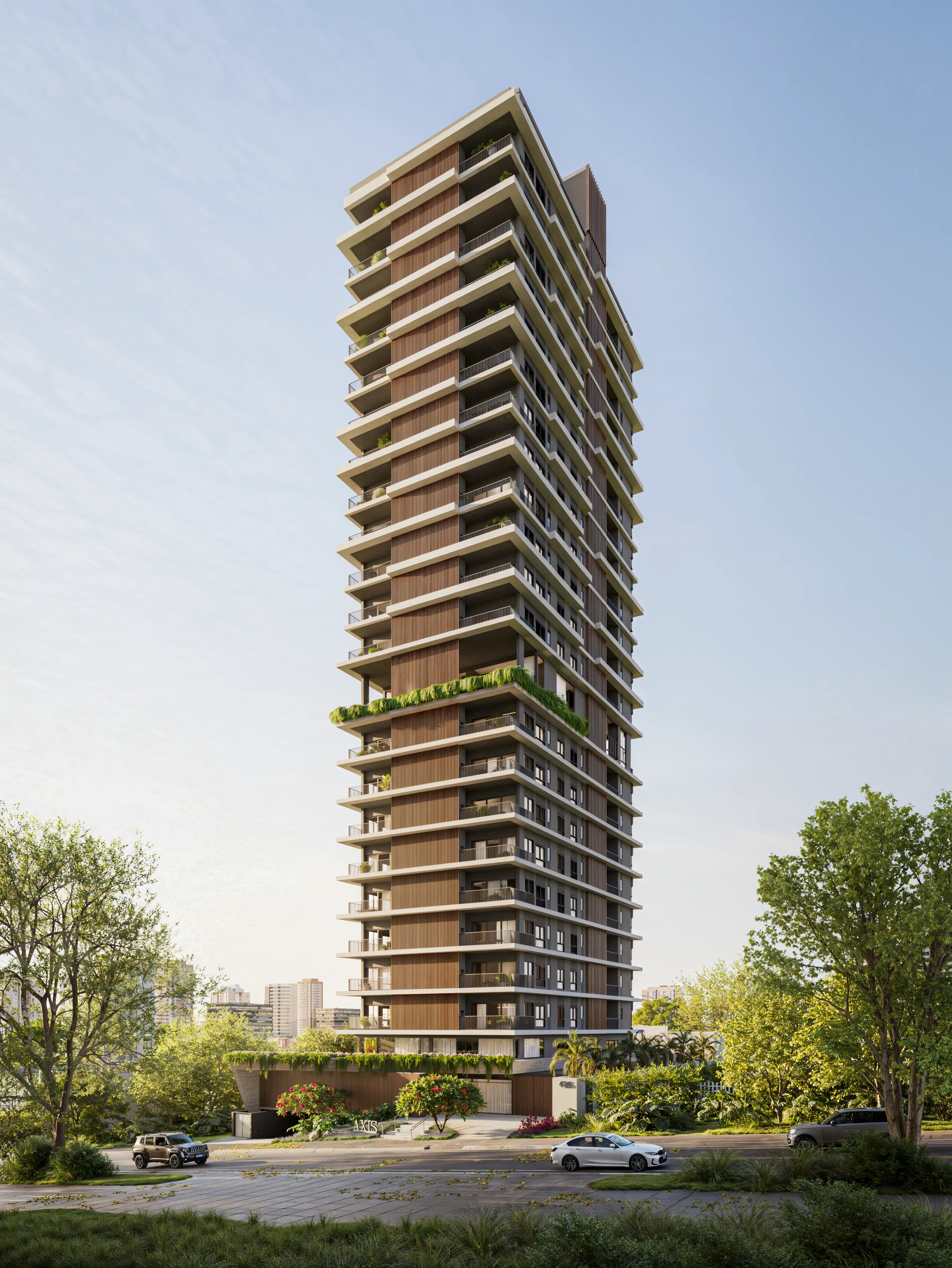 Axis — Renderização 3D da fachada do edifício