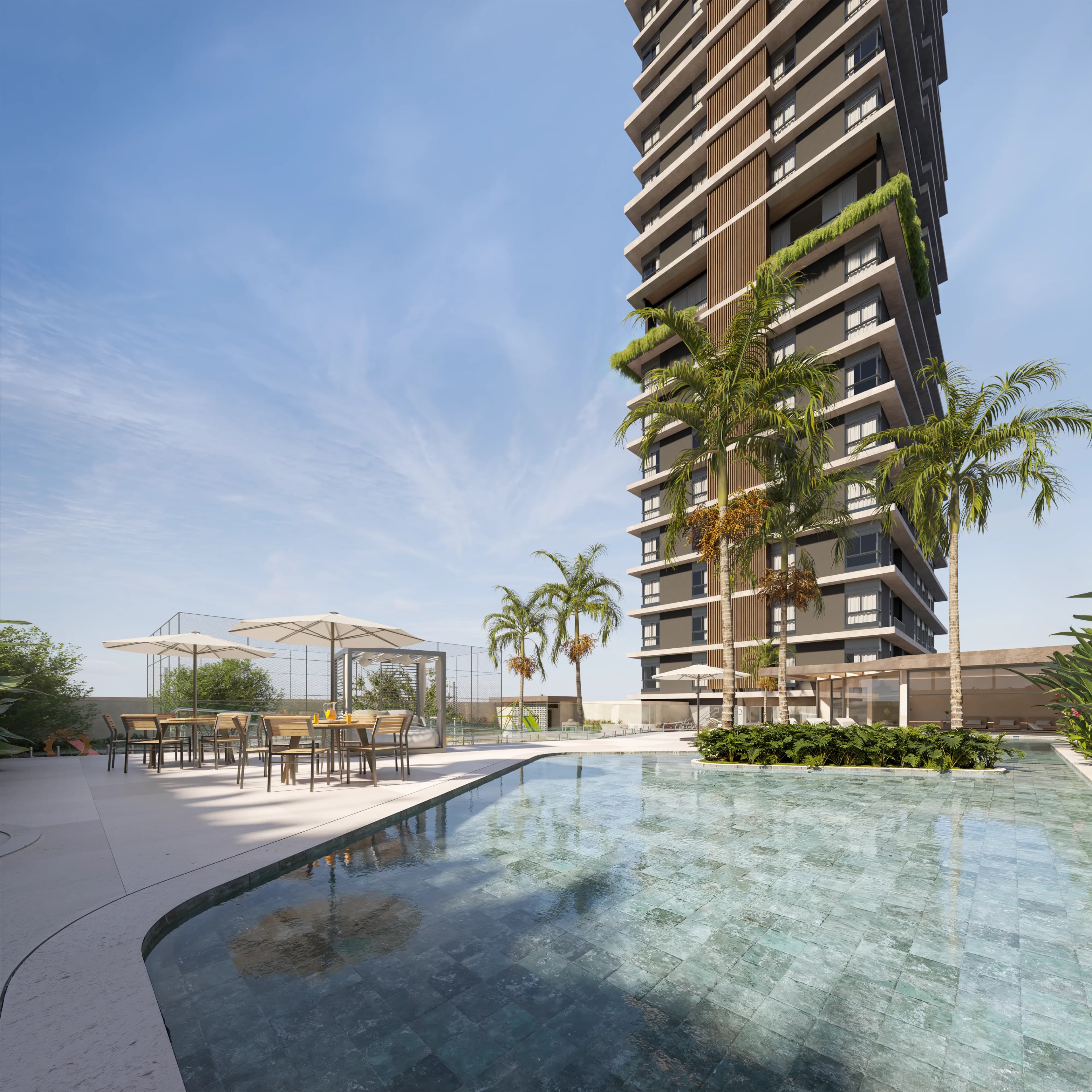 Axis — Renderização 3D da área de piscina e lazer