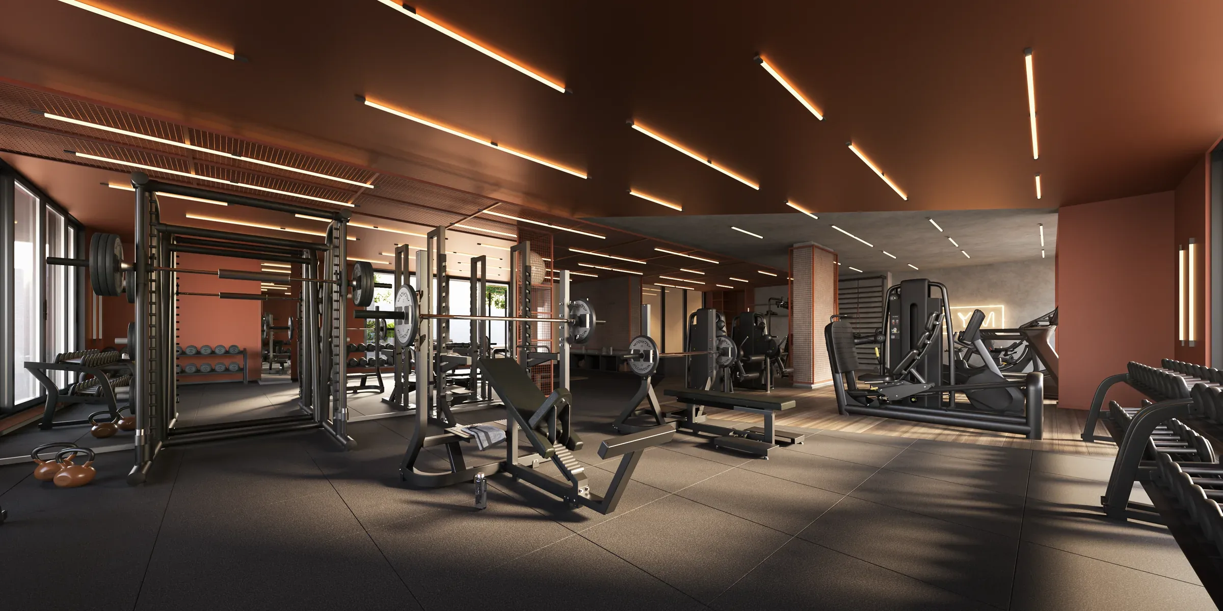 Casa Vernazza, academia com equipamentos e iluminação linear