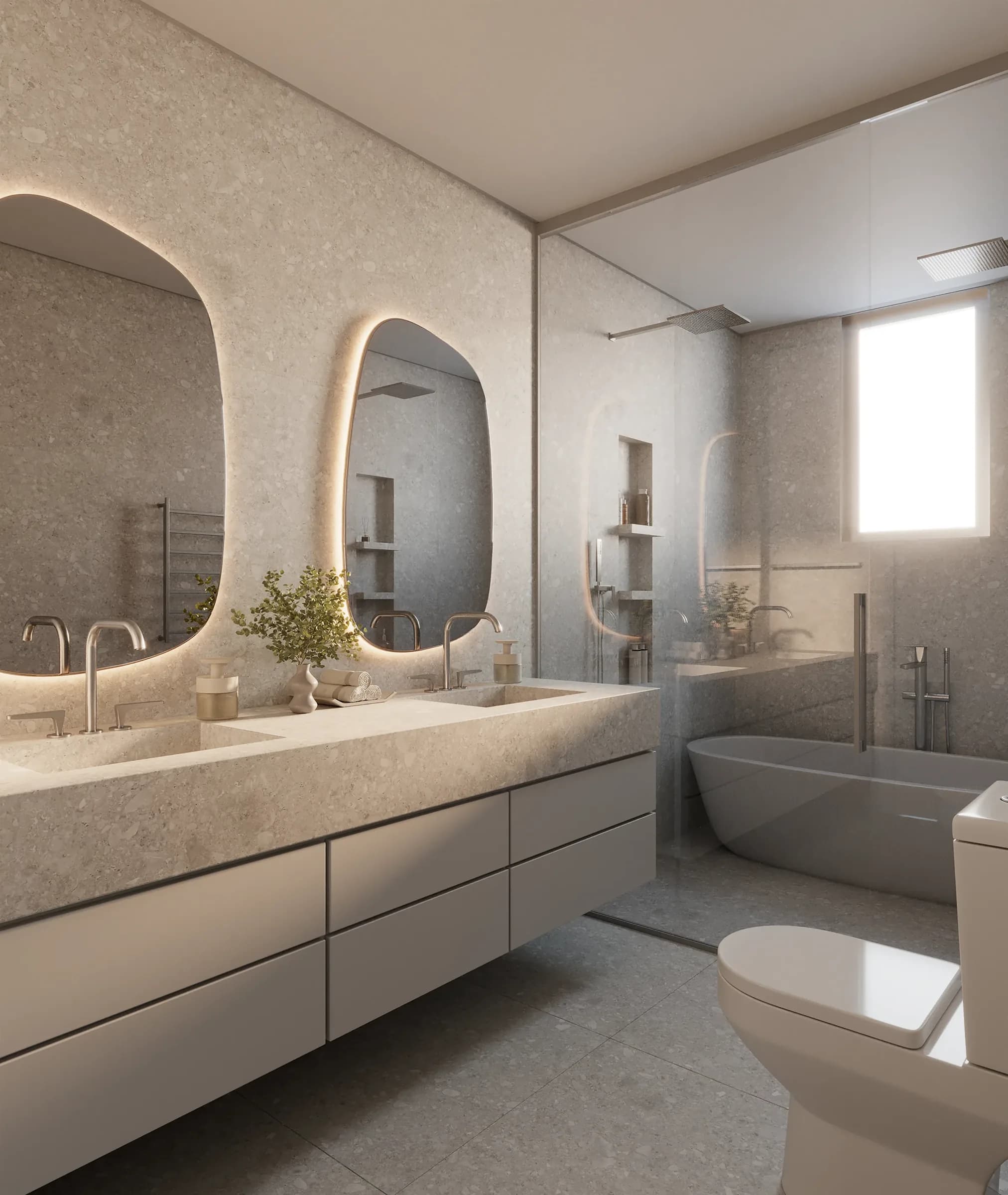 Casa Vernazza, banheiro master com espelhos orgânicos e banheira
