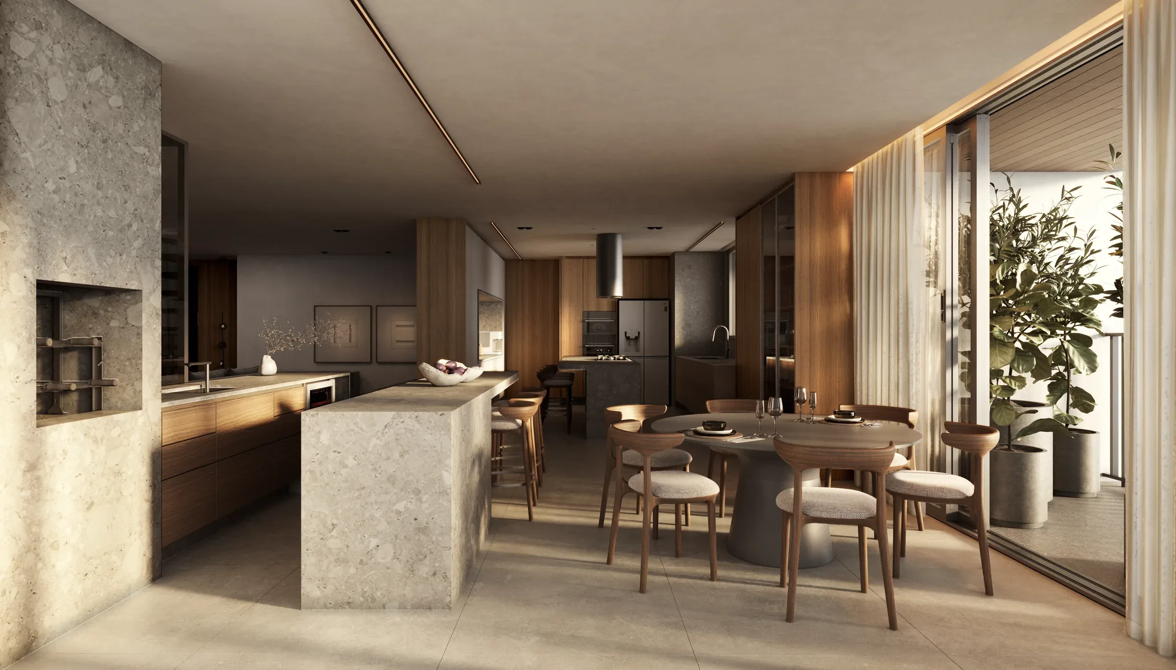 Casa Vernazza, cozinha integrada ao living do apartamento decorado