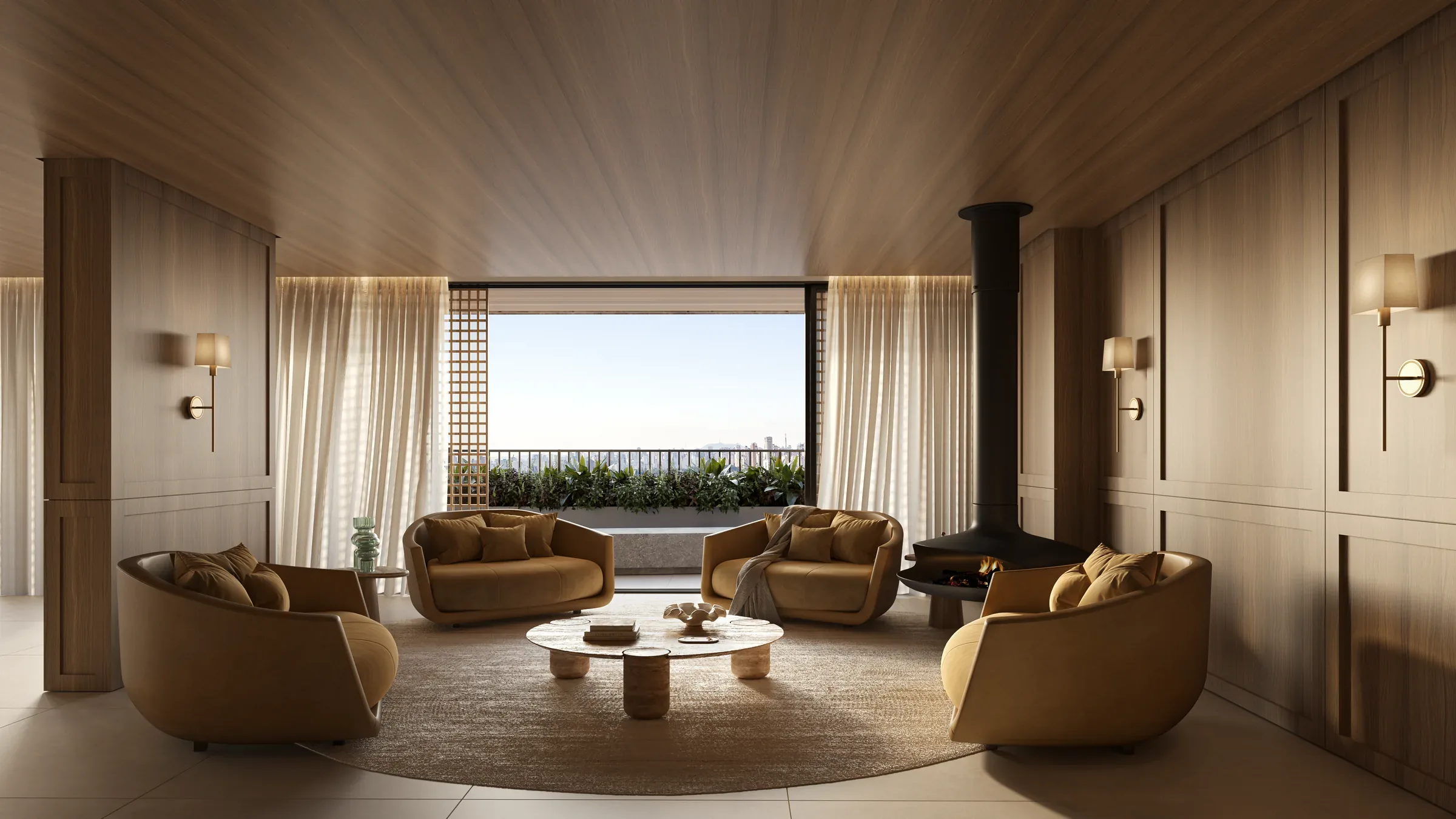 Casa Vernazza, lounge do rooftop com lareira suspensa