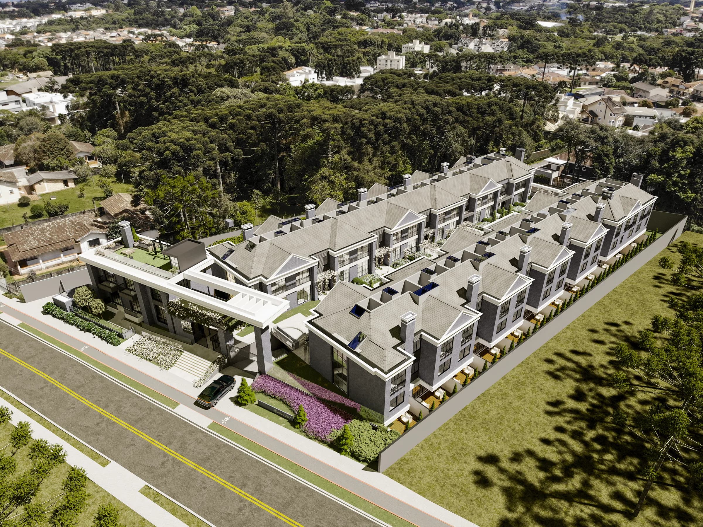Galliano 250, vista aérea do condomínio de casas inserida em foto de drone de Santa Felicidade