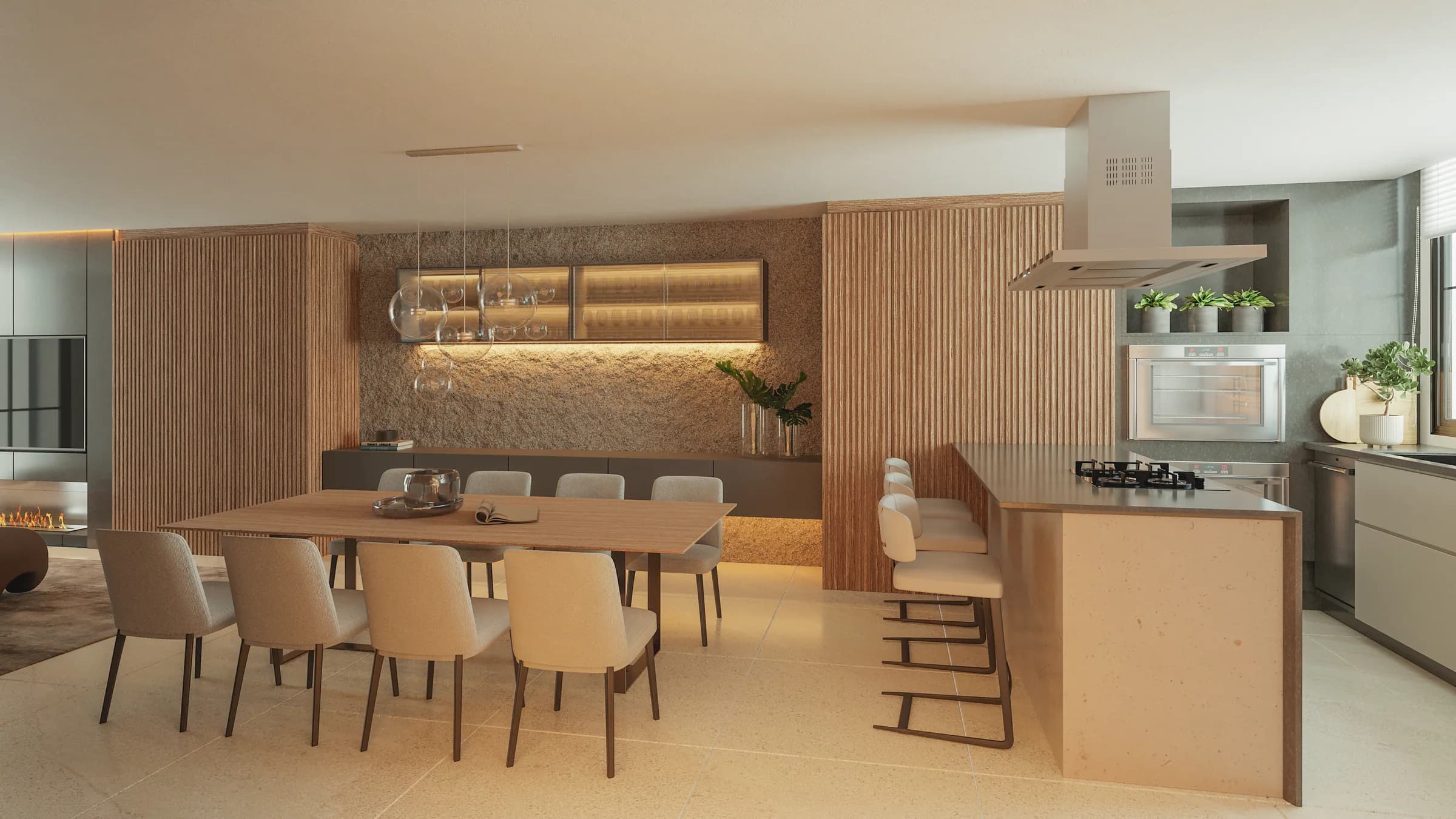 Galliano 250, cozinha integrada ao jantar com ilha e mesa para oito lugares