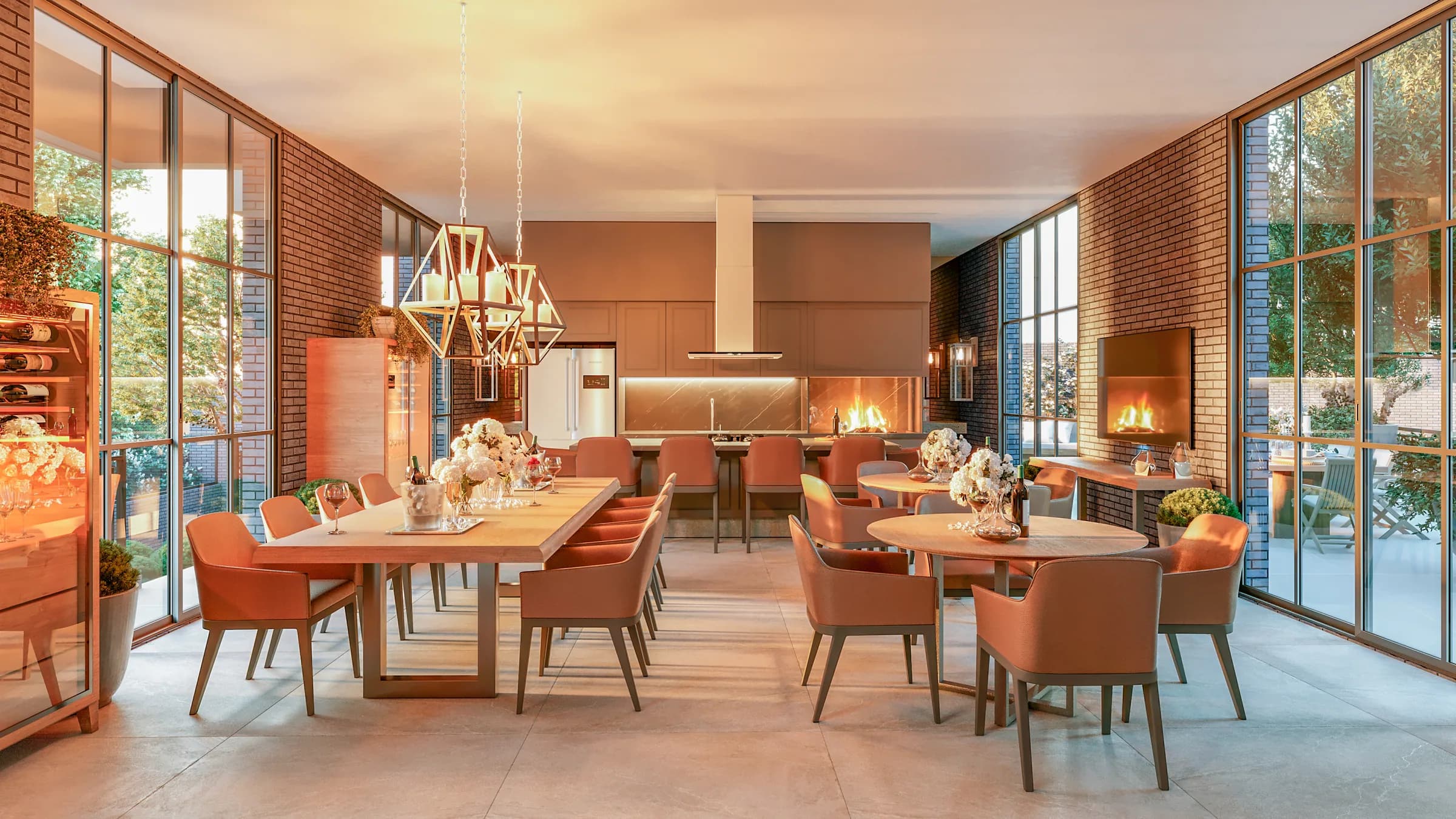 Galliano 250, salão gourmet com mesa comunitária, lareira e parede de tijolos