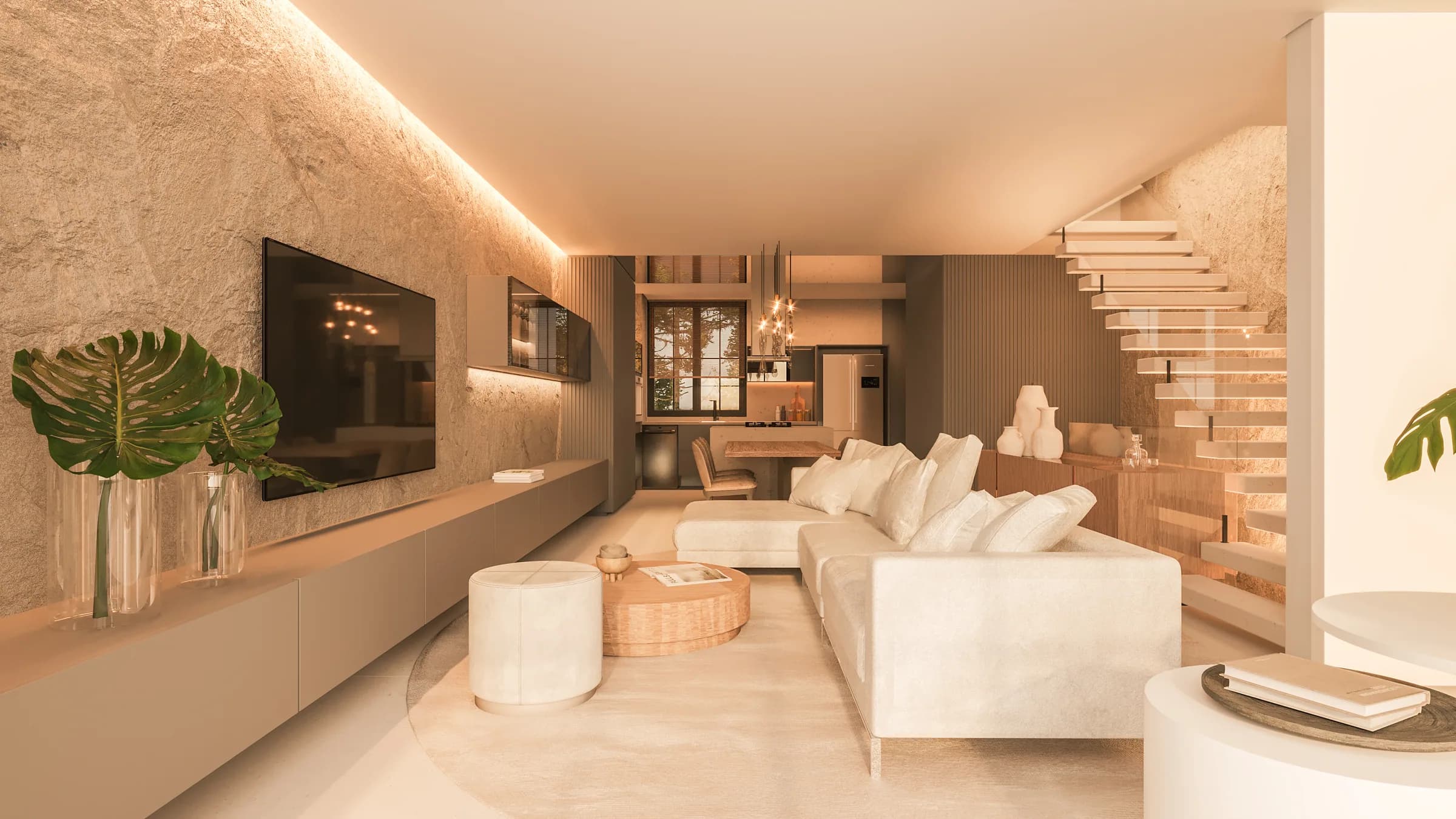 Galliano 250, living da casa decorada com painel de pedra e escada flutuante