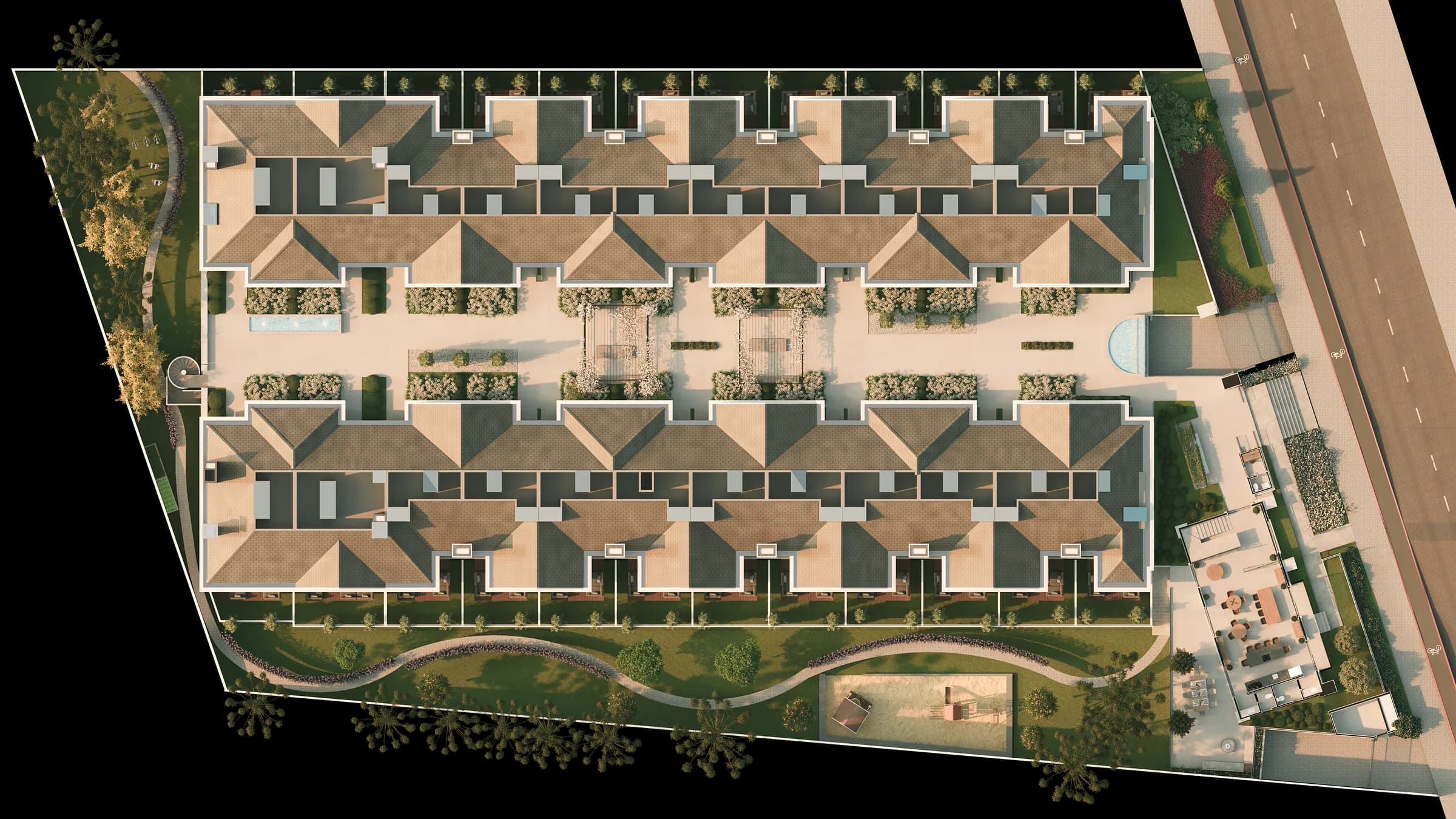 Galliano 250, implantação humanizada do condomínio com as 24 casas e o boulevard