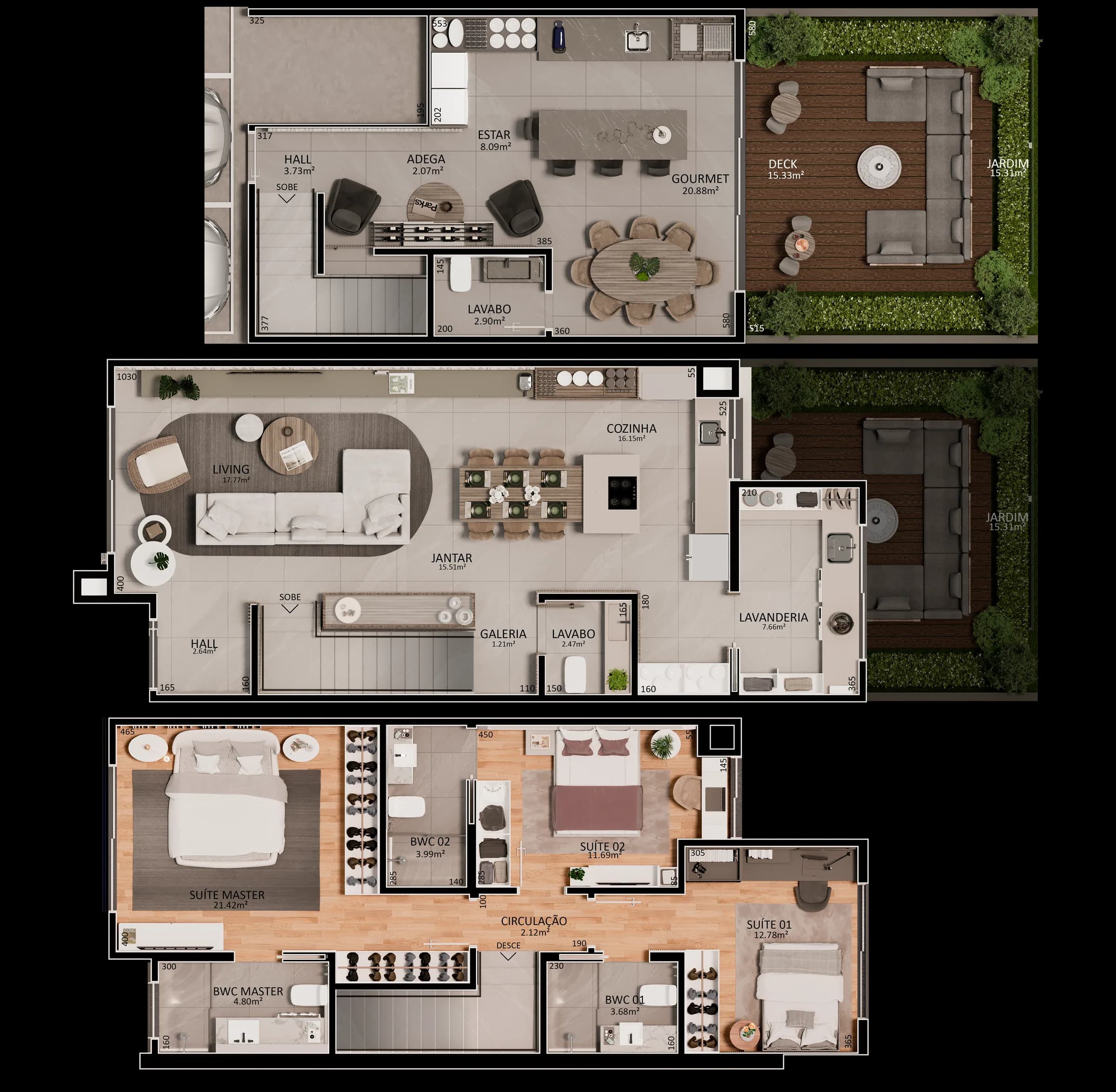 Galliano 250, planta humanizada da casa de 3 suítes em três pavimentos