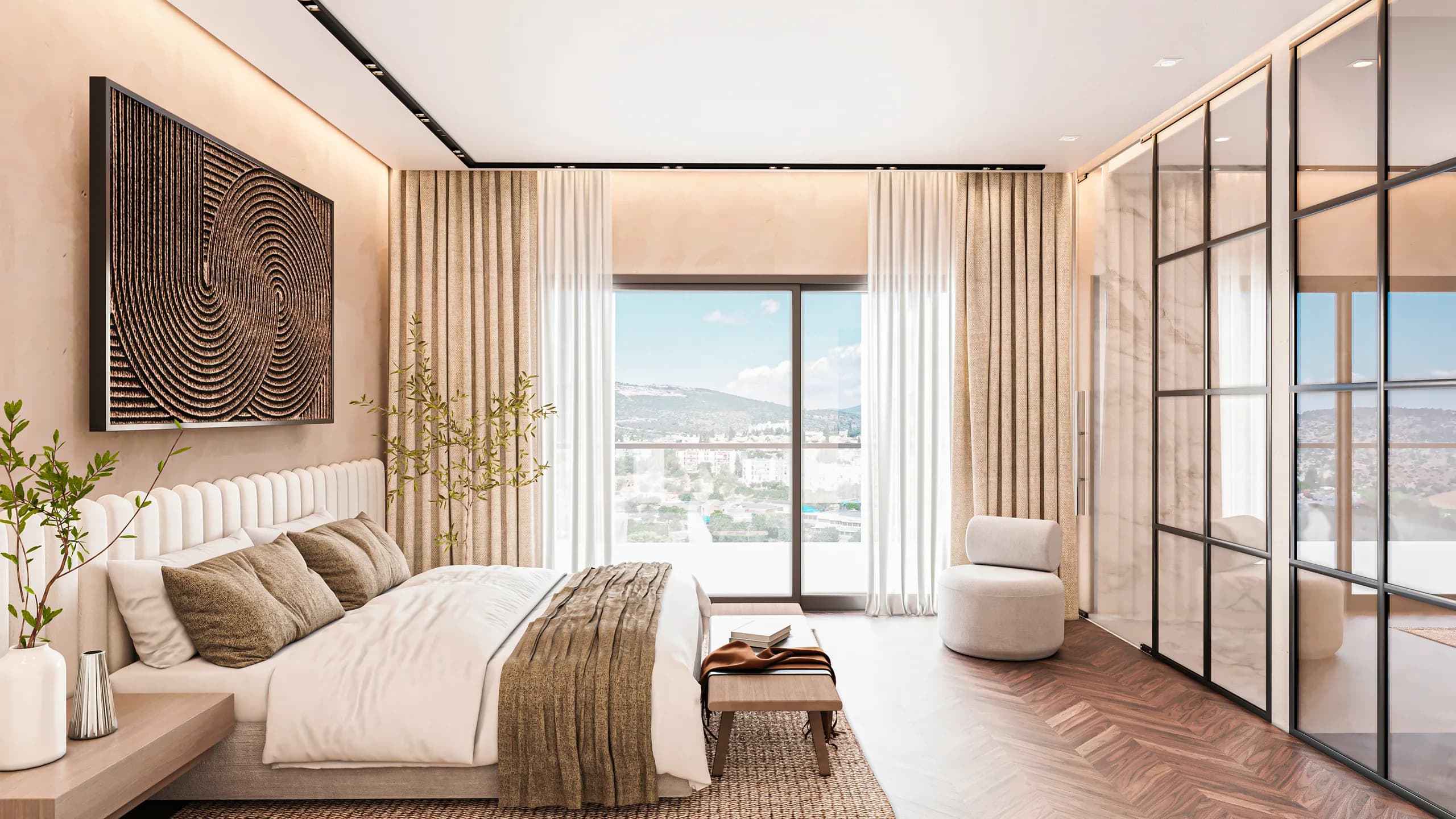 Hillside Residence, 3D render of the master bedroom with the hills seen through full-height glazing