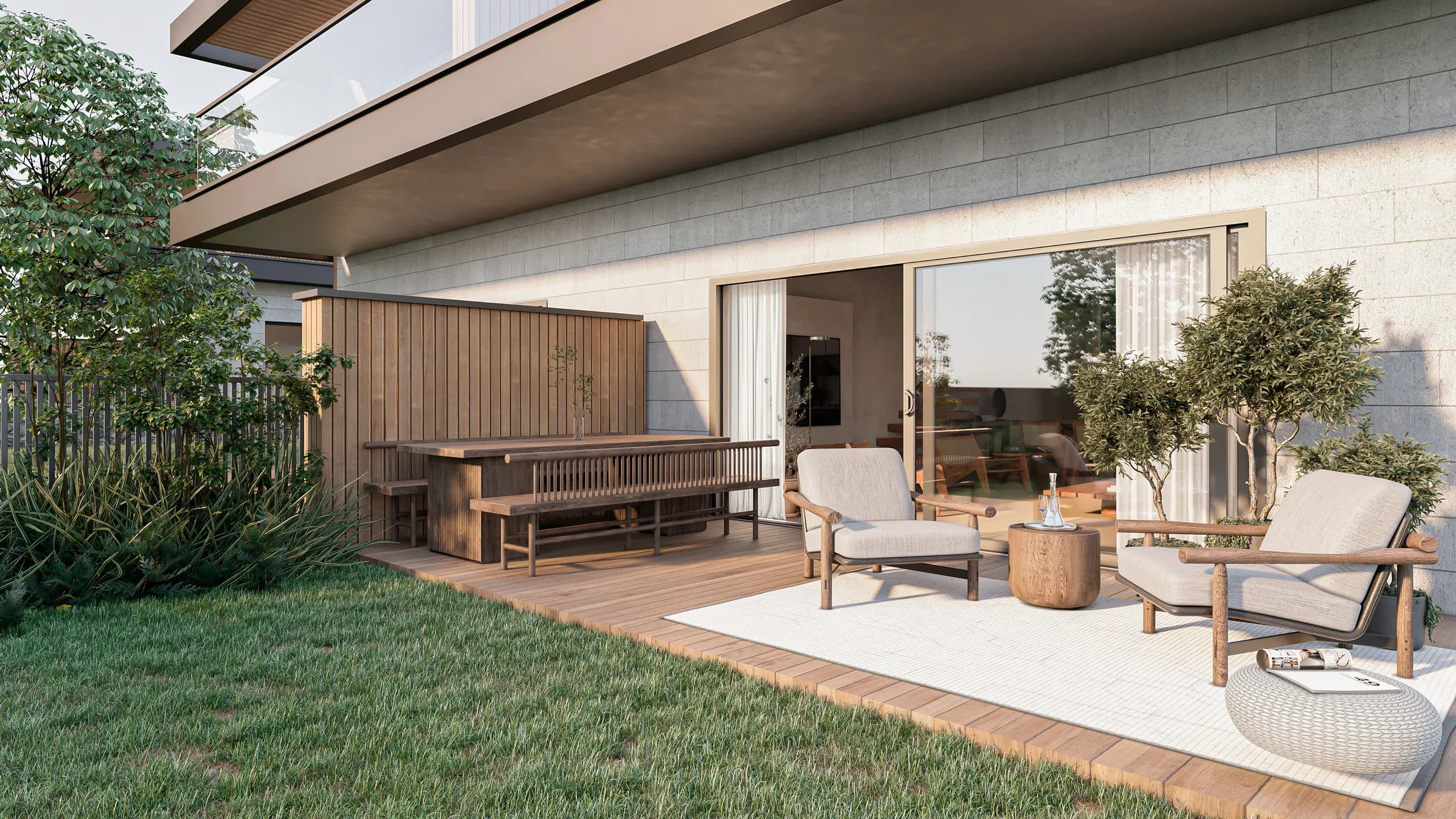 Hillside Residence, 3D render of the garden terrace with timber deck, outdoor dining and lounge chairs