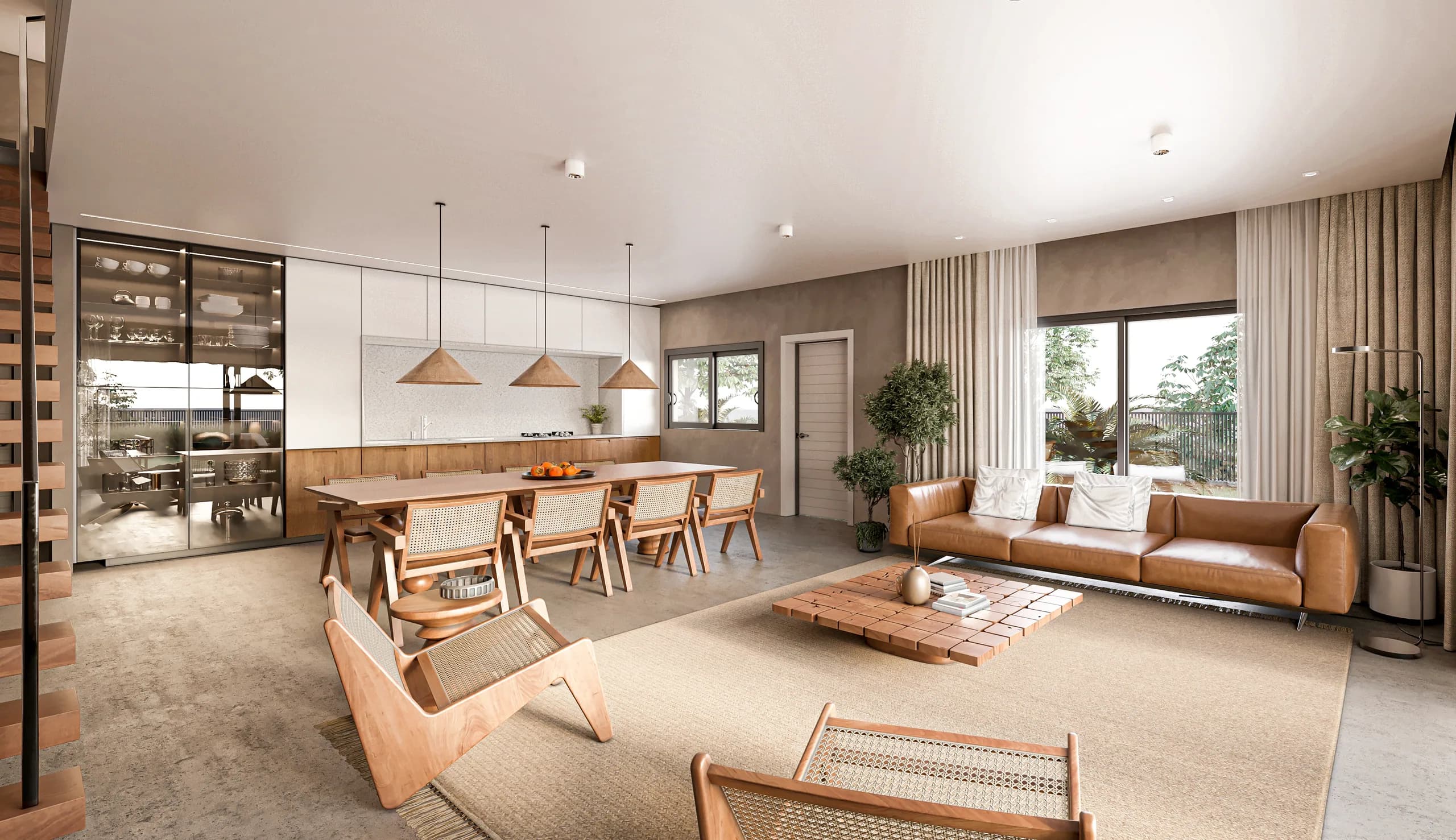 Hillside Residence, 3D render of the open kitchen, dining table and leather sofa