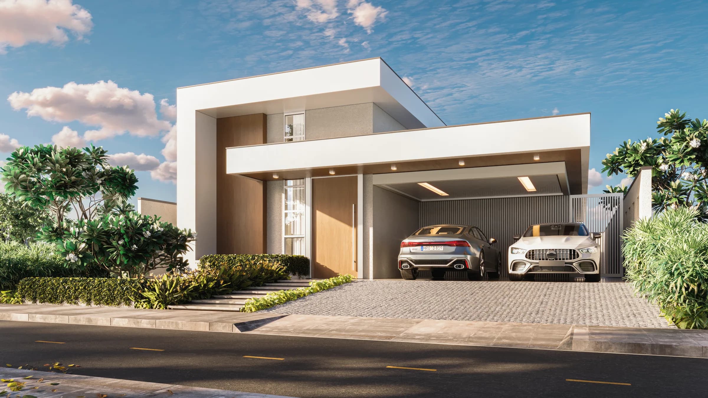 Ilha de Malta, casa-modelo térrea contemporânea com garagem coberta e paisagismo tropical