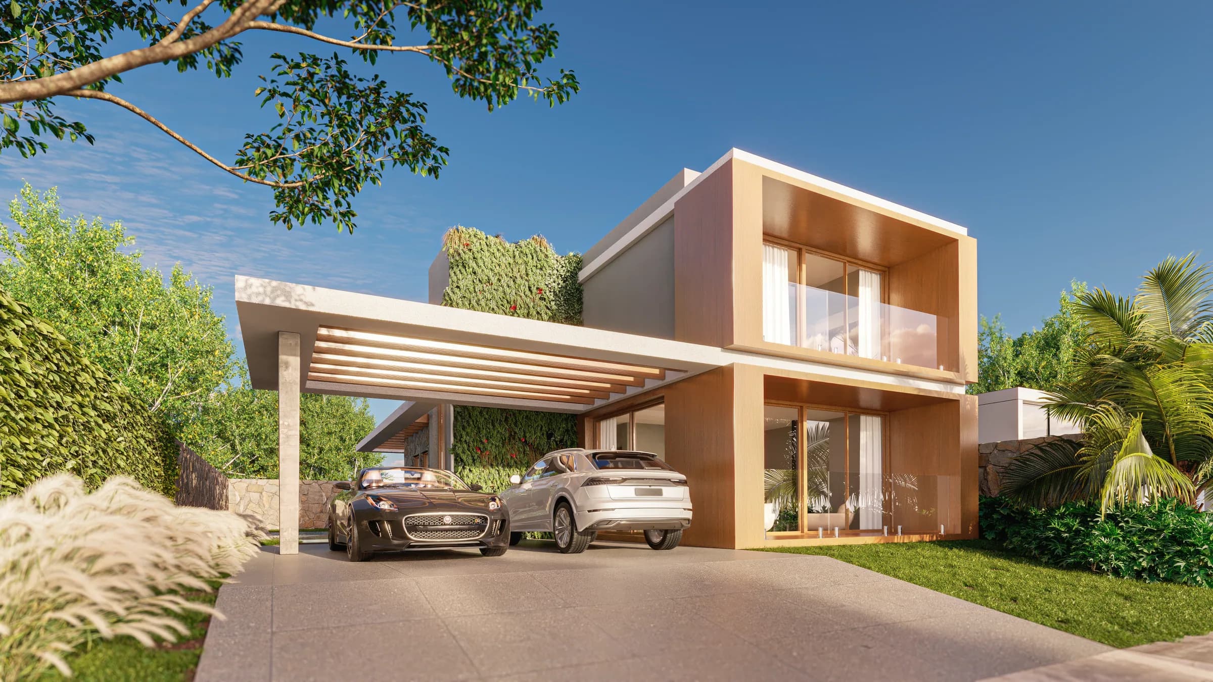 Ilha de Malta, sobrado-modelo com volume revestido em madeira e pergolado na garagem