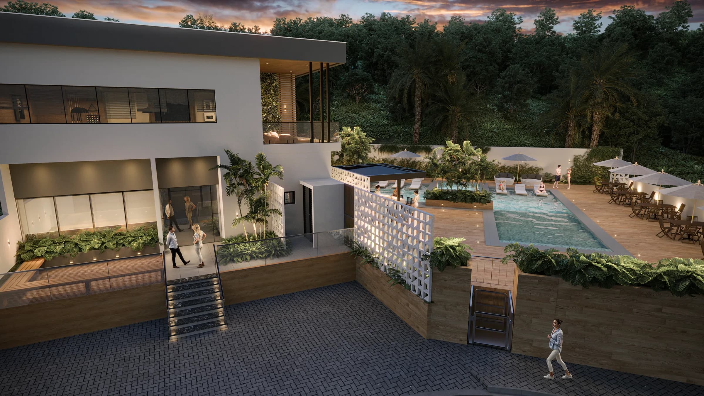 Ilha de Malta, vista alta do clube com piscina, deck e escadaria de acesso