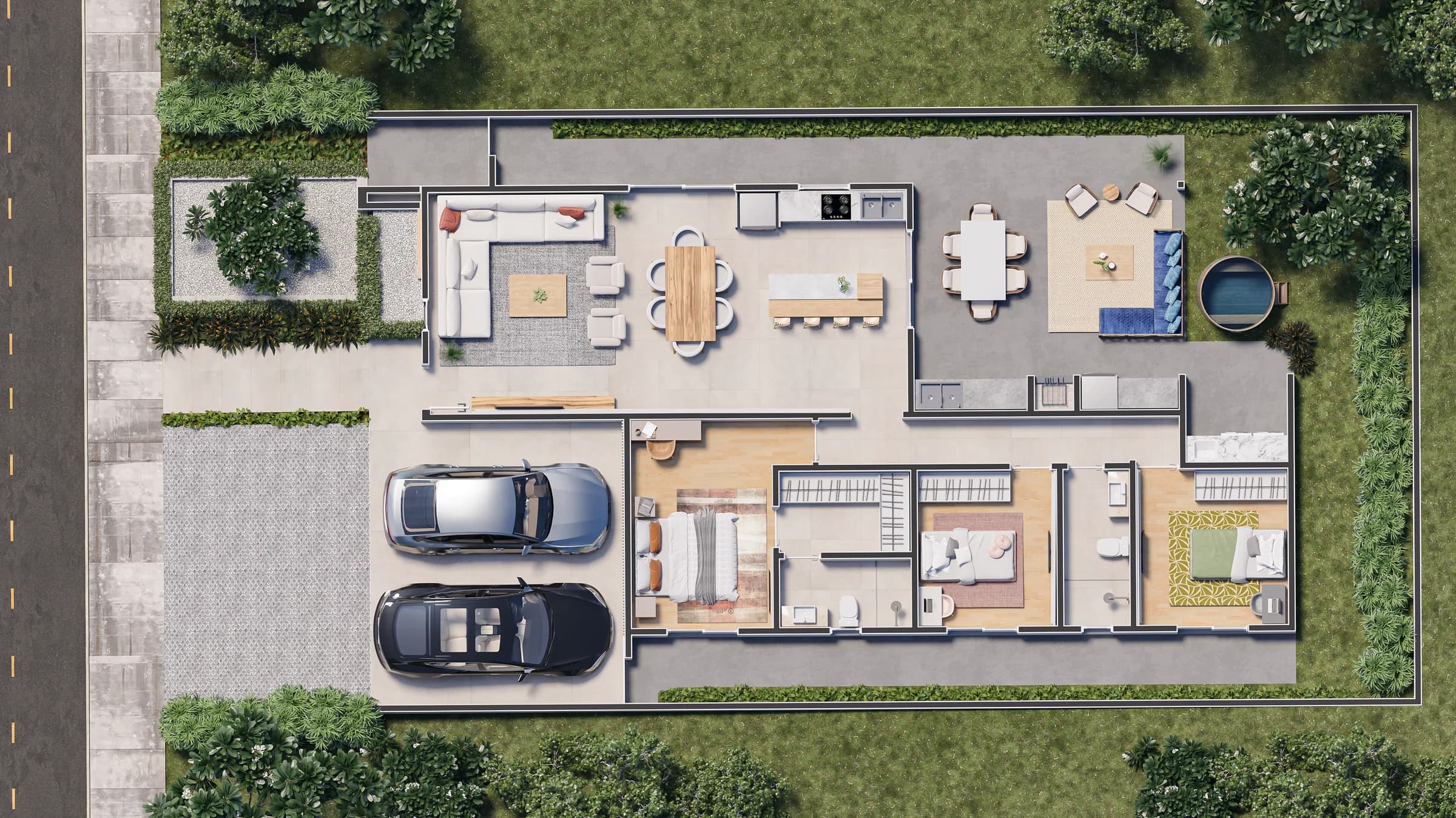 Ilha de Malta, planta humanizada da casa-modelo térrea com 3 dormitórios e garagem dupla