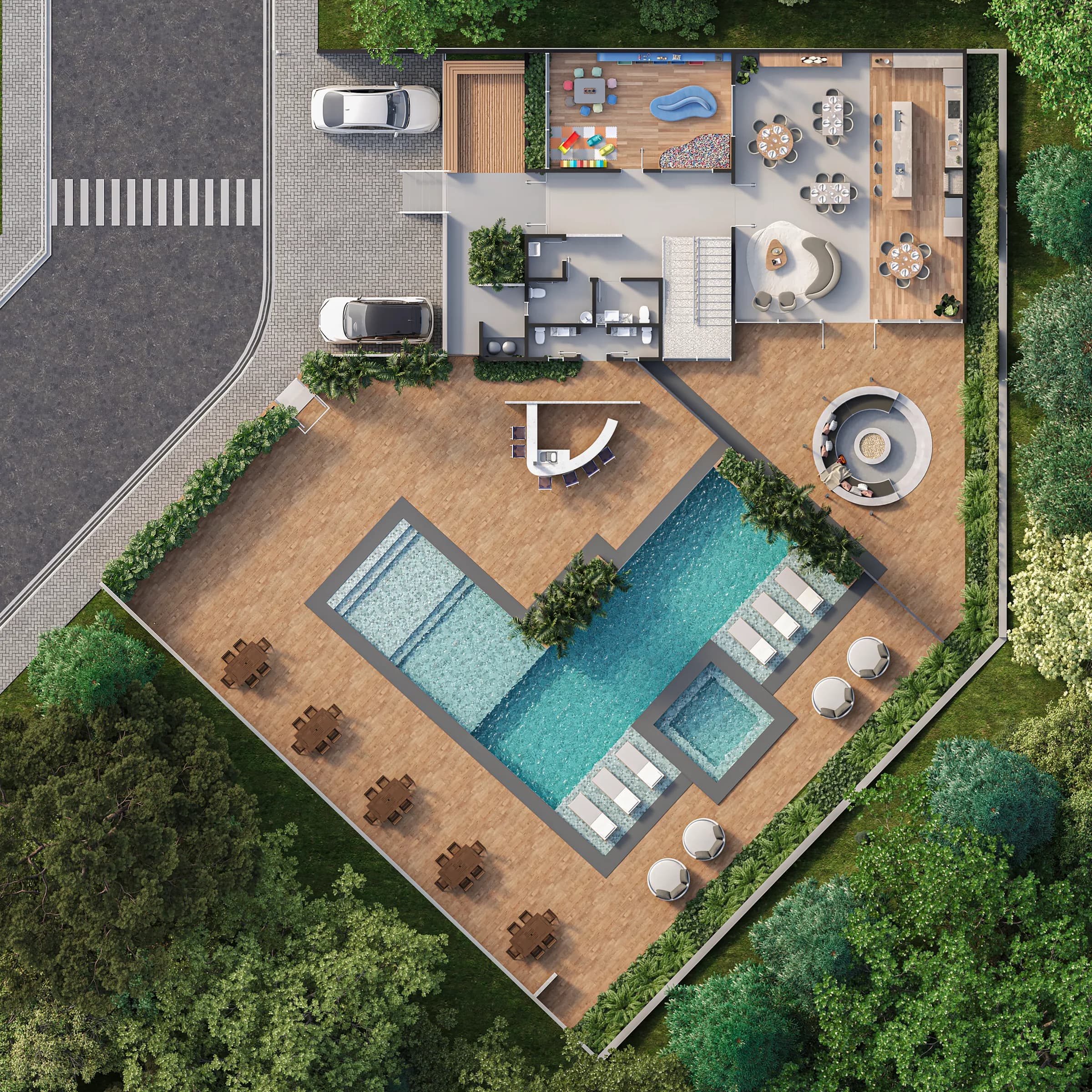 Ilha de Malta, planta humanizada do térreo do clube com piscina em L, deck e fire place