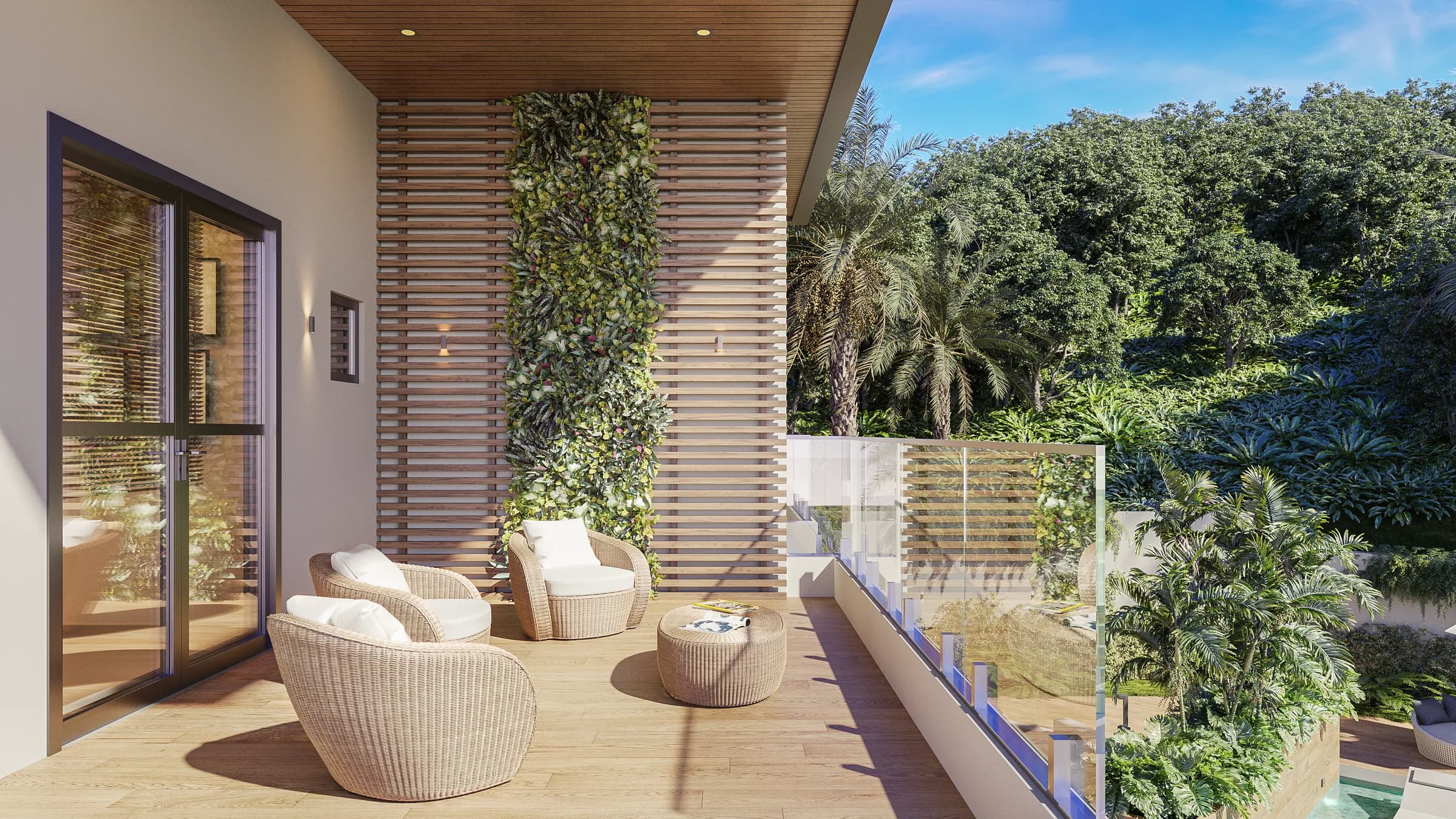 Ilha de Malta, varanda com poltronas de fibra, jardim vertical e vista para a mata