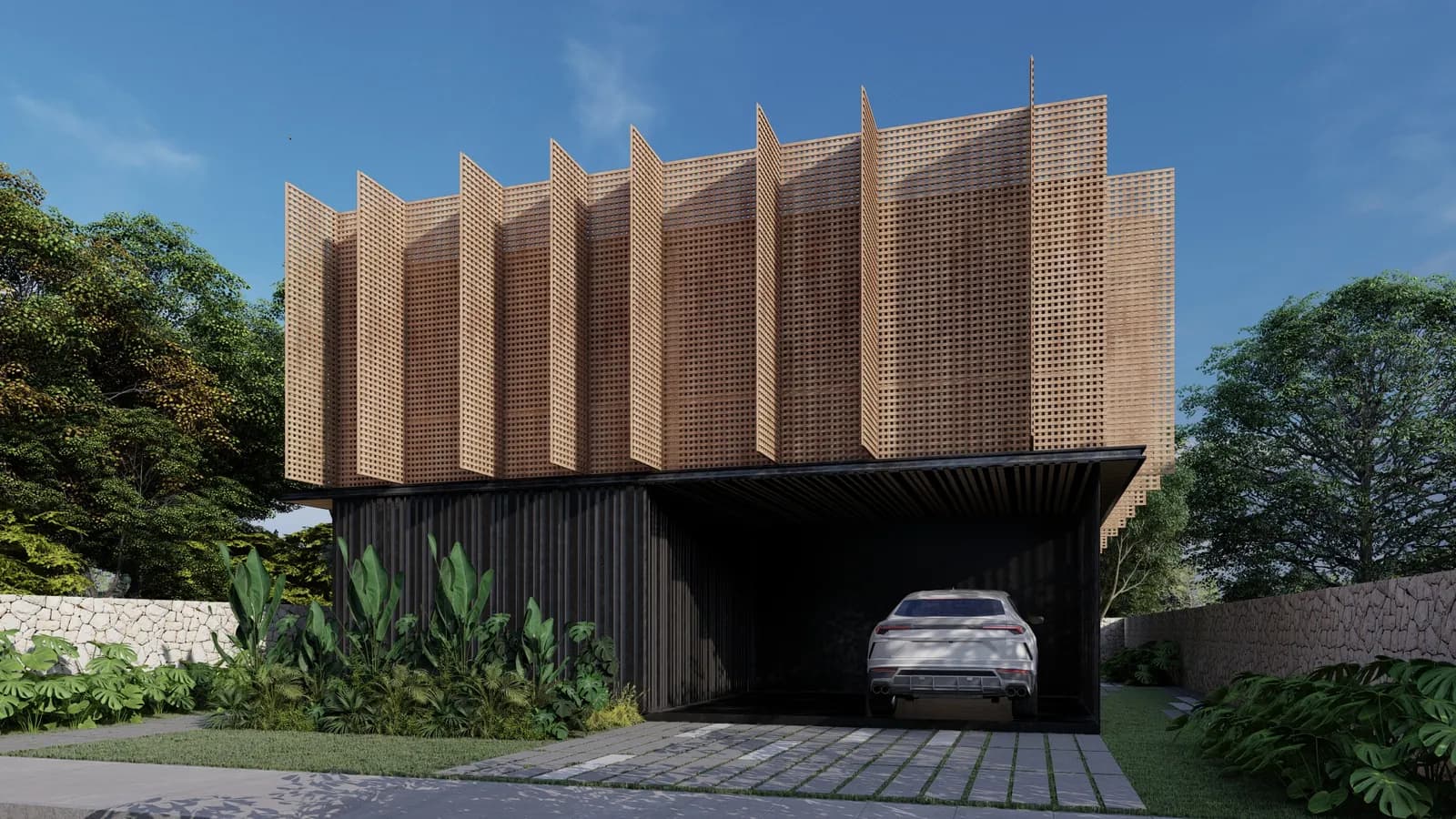 Louvre House, timber louvre facade above the carport