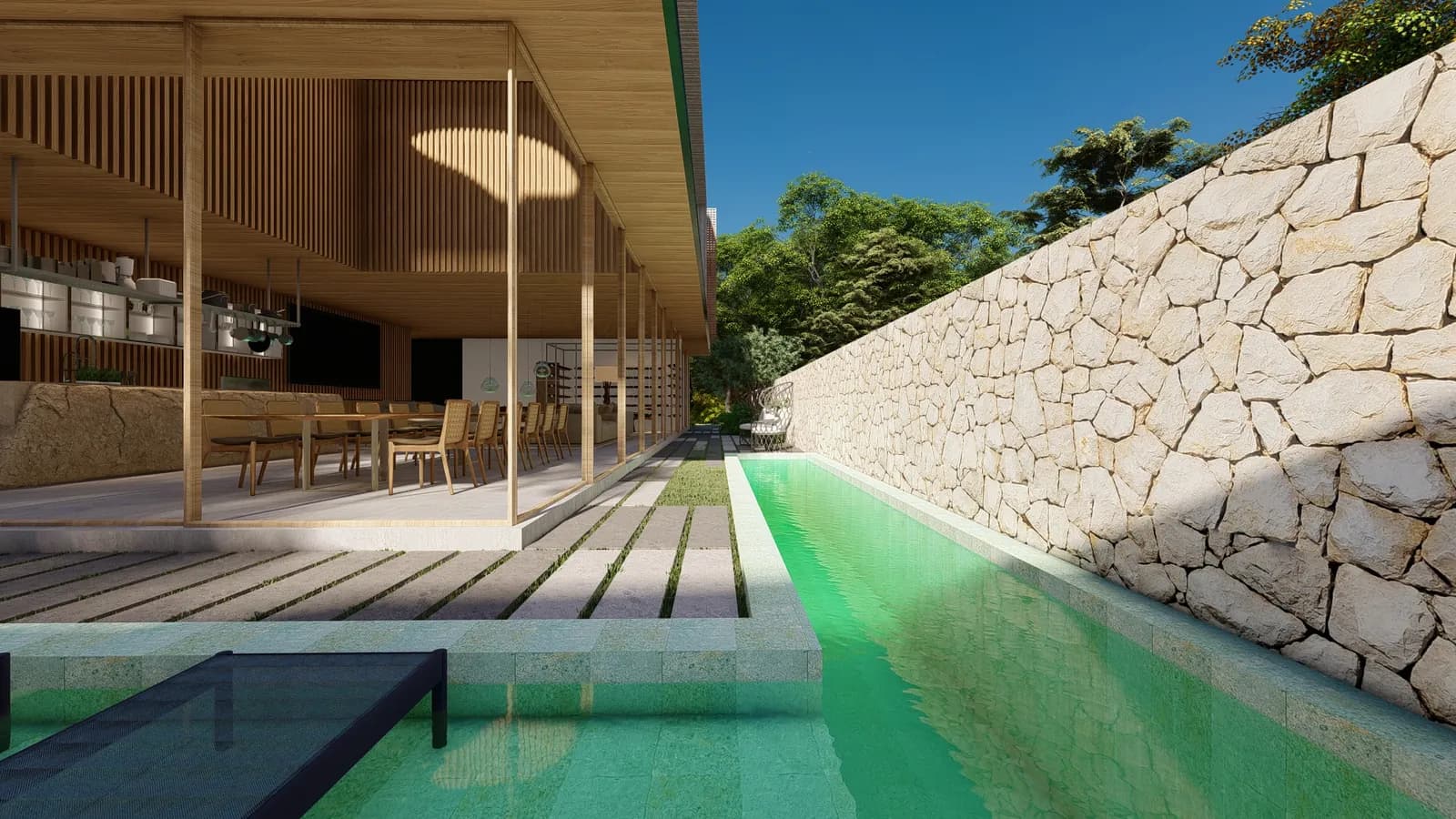 Louvre House, lap pool along the stone wall