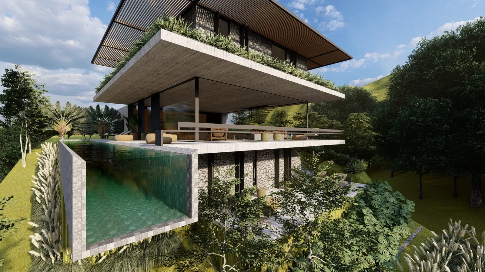 Cantilever House, glass-sided pool projecting over the sloping site