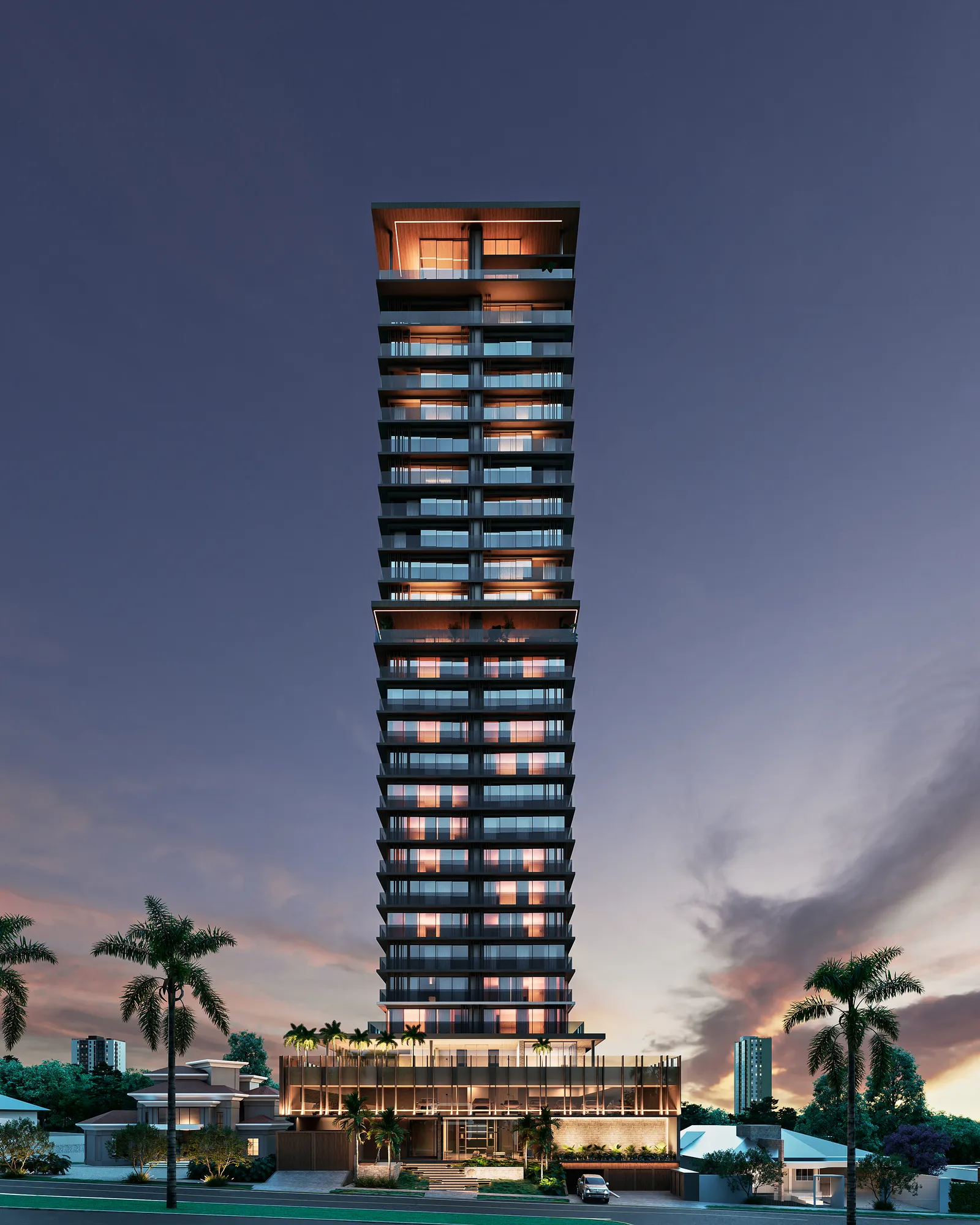 Mirage Sky Houses, Renderização 3D da fachada do edifício à noite