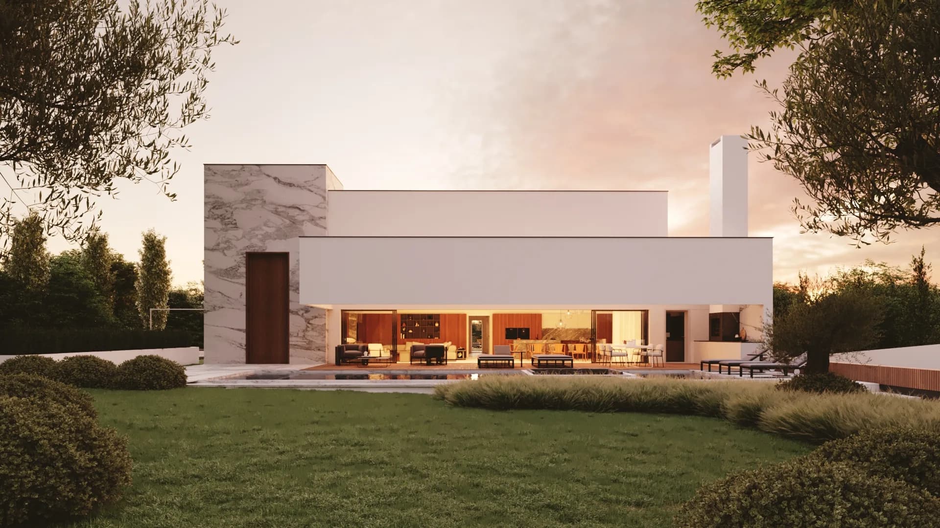 Moradia Quinta do Perú, render 3D da moradia branca com volume em mármore ao entardecer