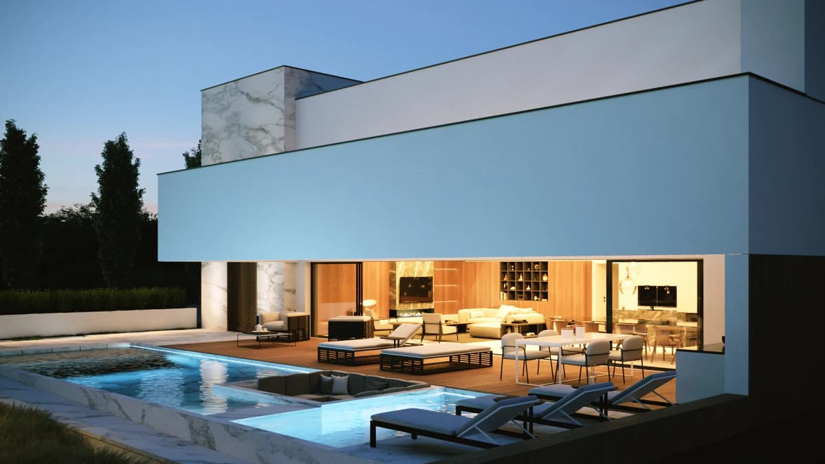 Moradia Quinta do Perú, render 3D da fachada posterior à noite com piscina iluminada
