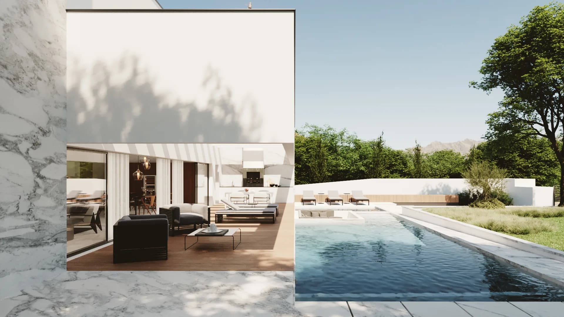Moradia Quinta do Perú, piscina alongada junto ao terraço coberto em mármore