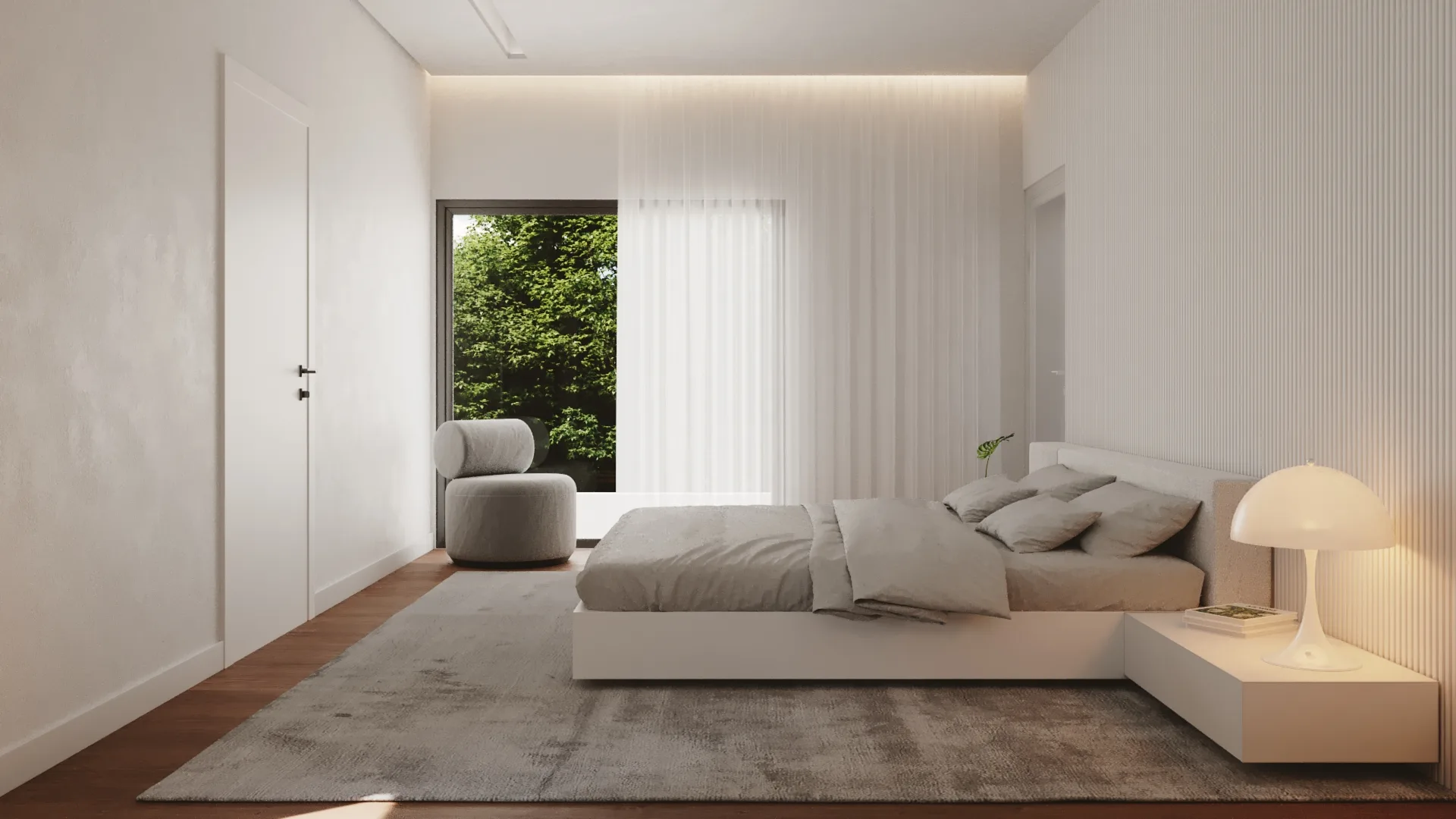 Moradia Quinta do Perú, quarto minimalista com cama baixa e janela para o jardim