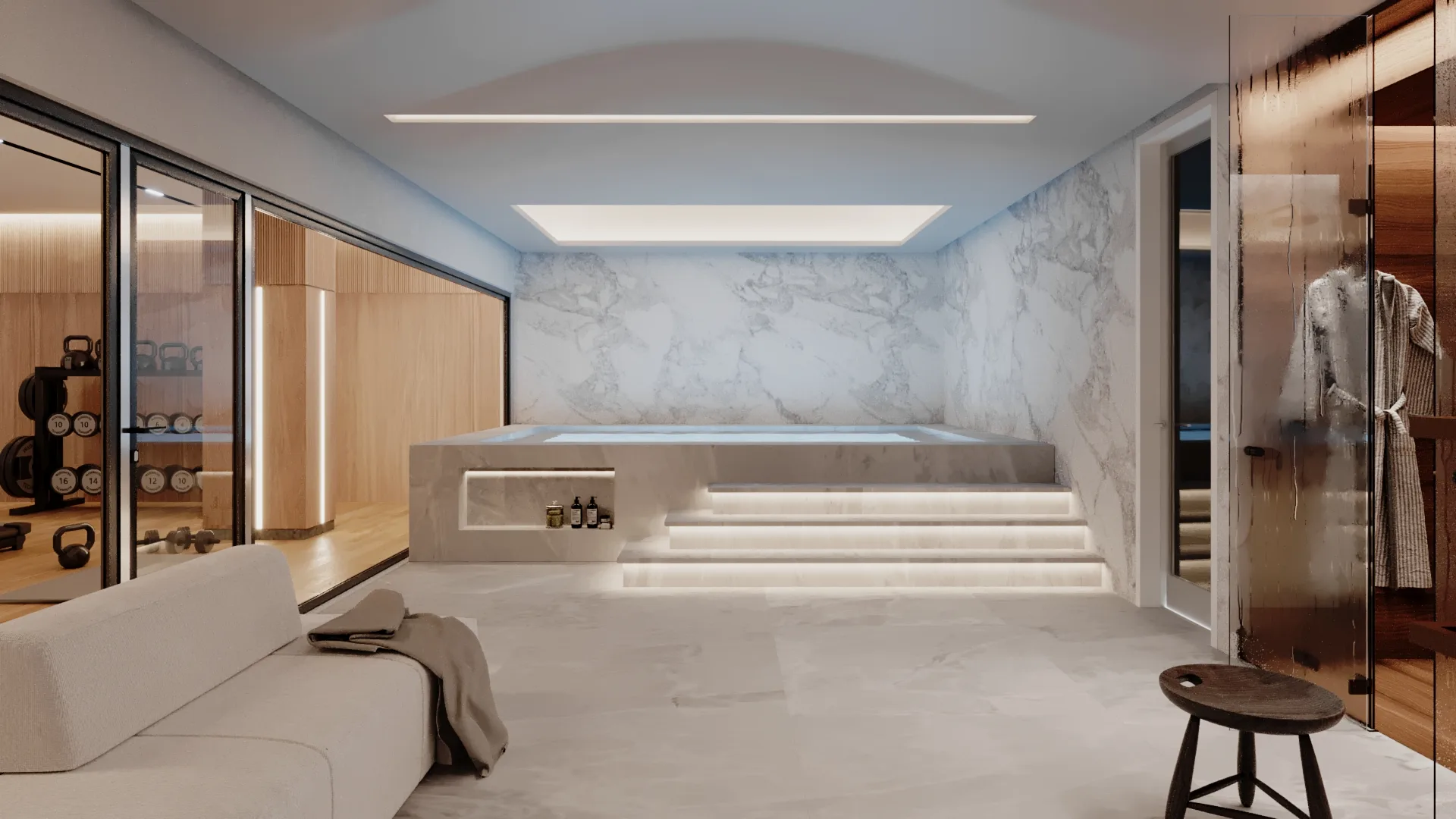Moradia Quinta do Perú, spa na cave com piscina de imersão em mármore e sauna