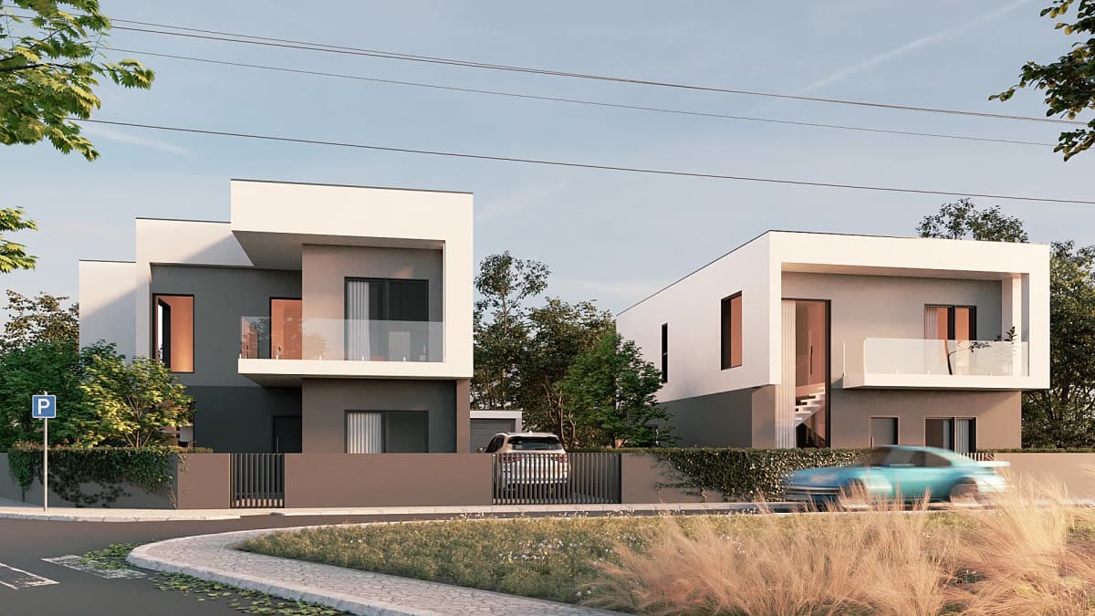Residências Almada, render 3D de duas moradias modernas brancas e cinza numa esquina