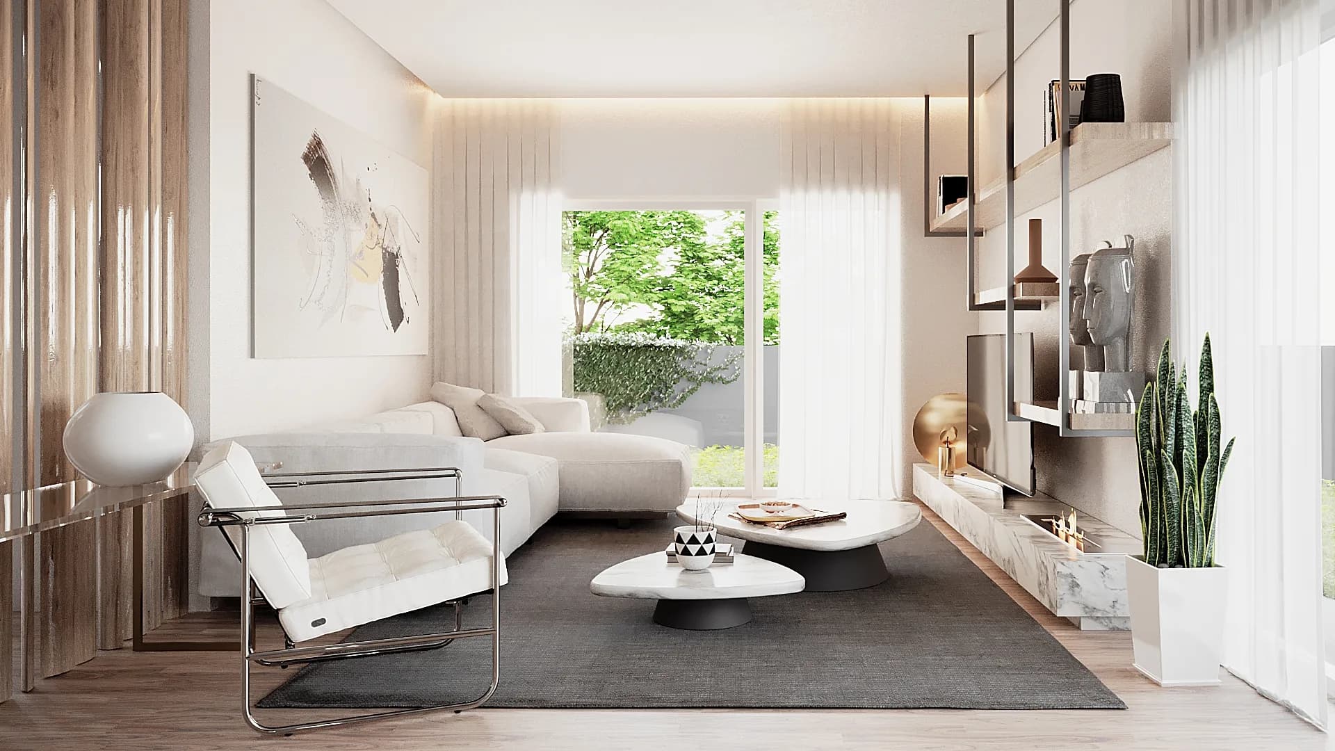 Residências Almada, sala luminosa com sofá branco e vista para o jardim