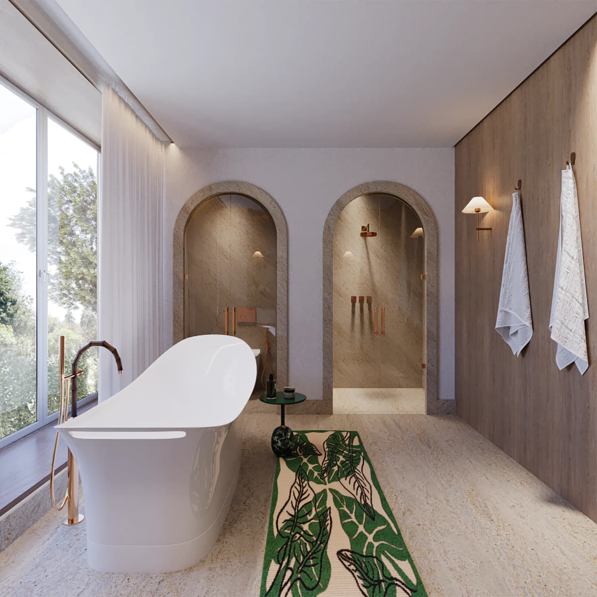 Savyon Residence, 3D render of the master bathroom with freestanding tub and arched stone shower niches