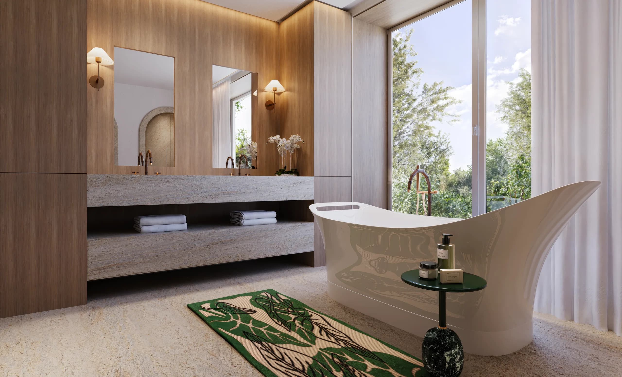 Savyon Residence, 3D render of the double travertine vanity in oak panelling