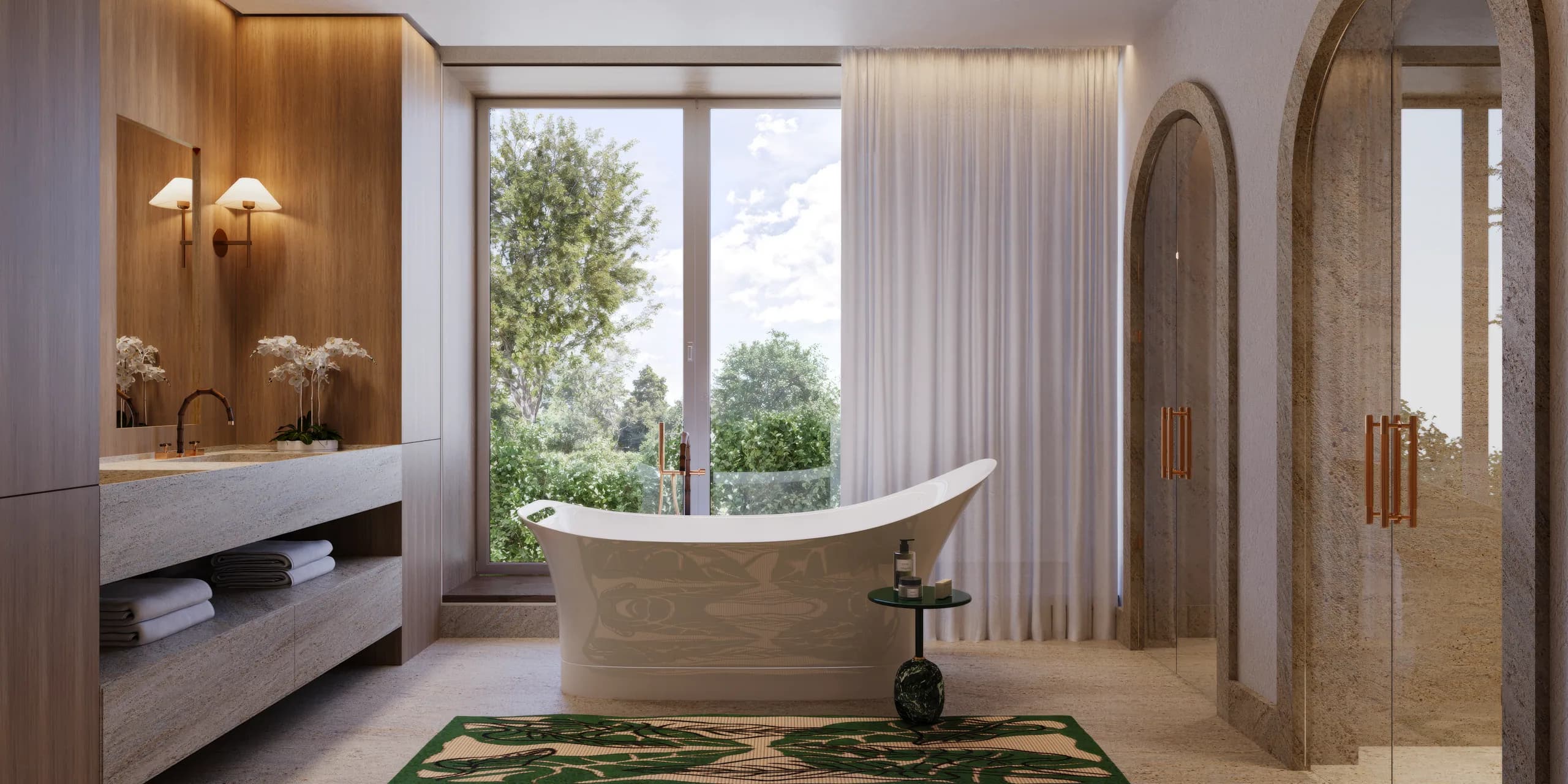 Savyon Residence, 3D render of the full bathroom, from the vanity to the arched shower niches